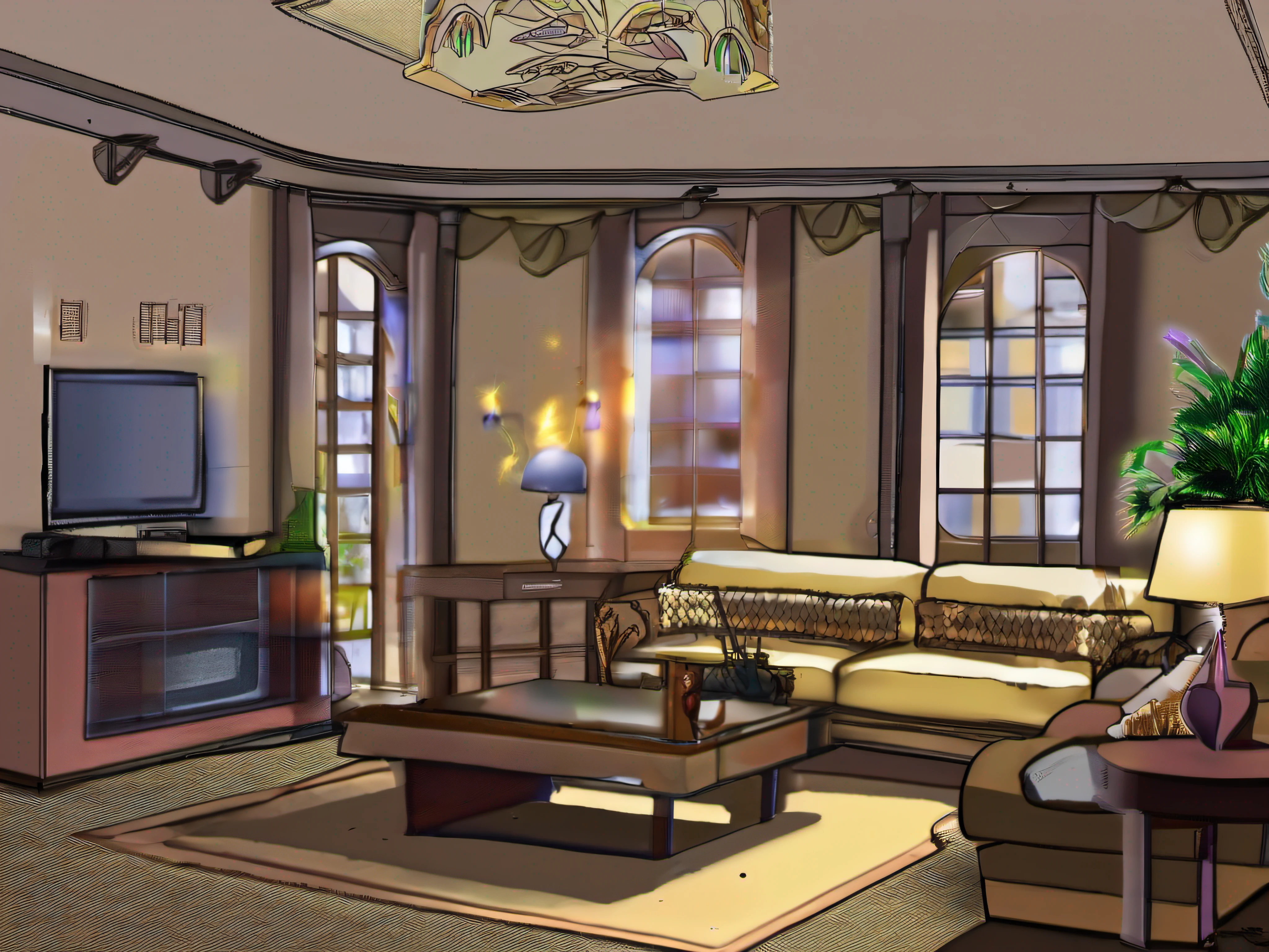 (masterpiece:1.2), (dynamic angle:1.1), (interior:1.3), (living room:1.2), couch, lamp, tv, (sofa:1.1), plant, windows, (table:1.2)