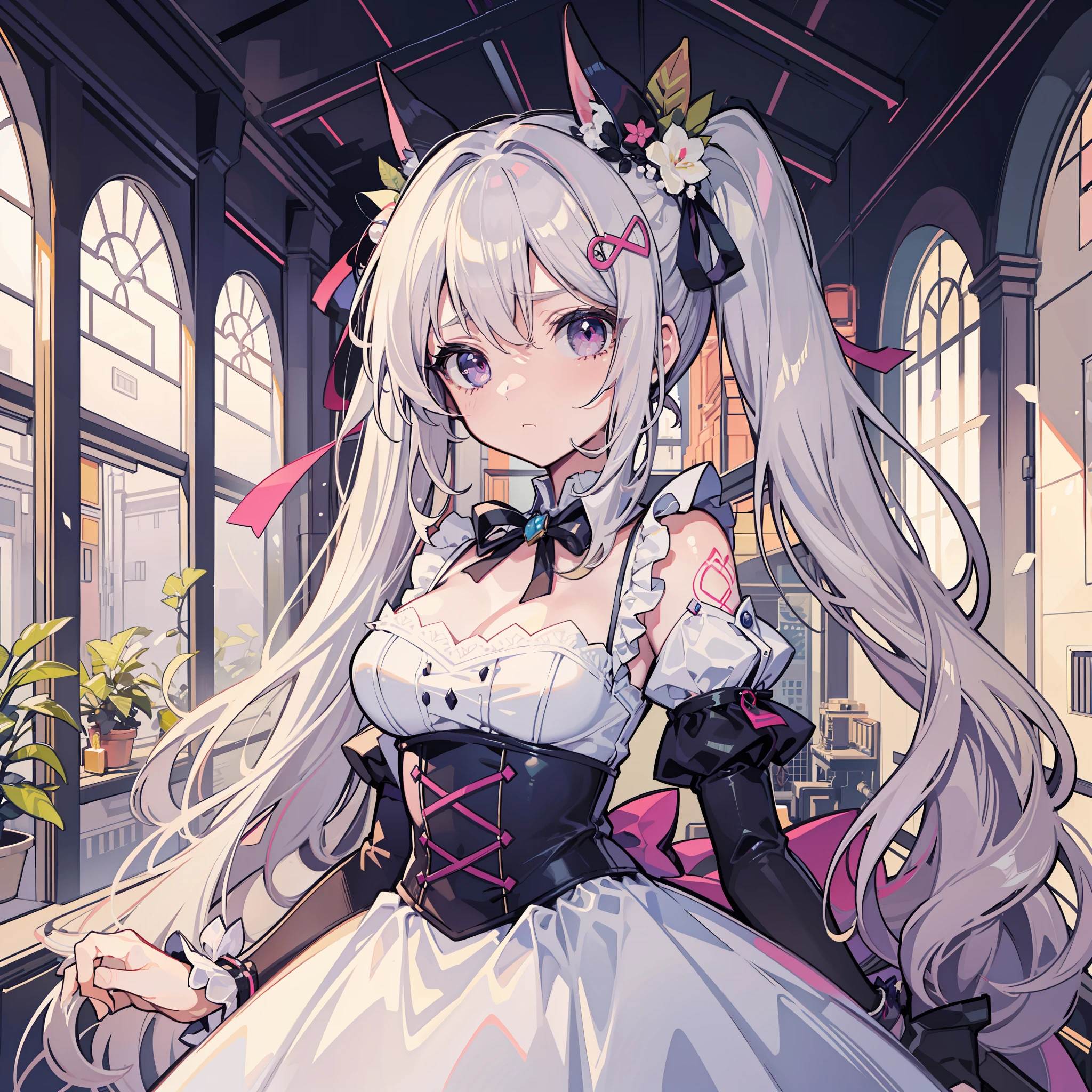 Anime girl in a white dress with long hair and a pink bow - SeaArt AI