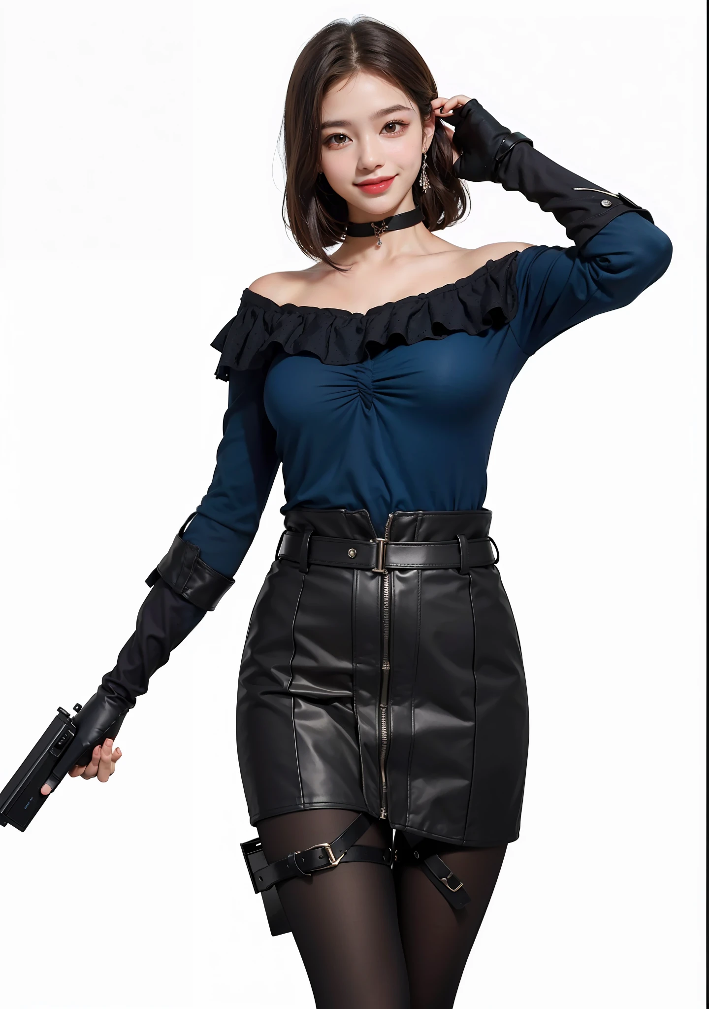 best quality, masterpiece, ultra high res, photorealistic, 1girl, offshoulder, smile