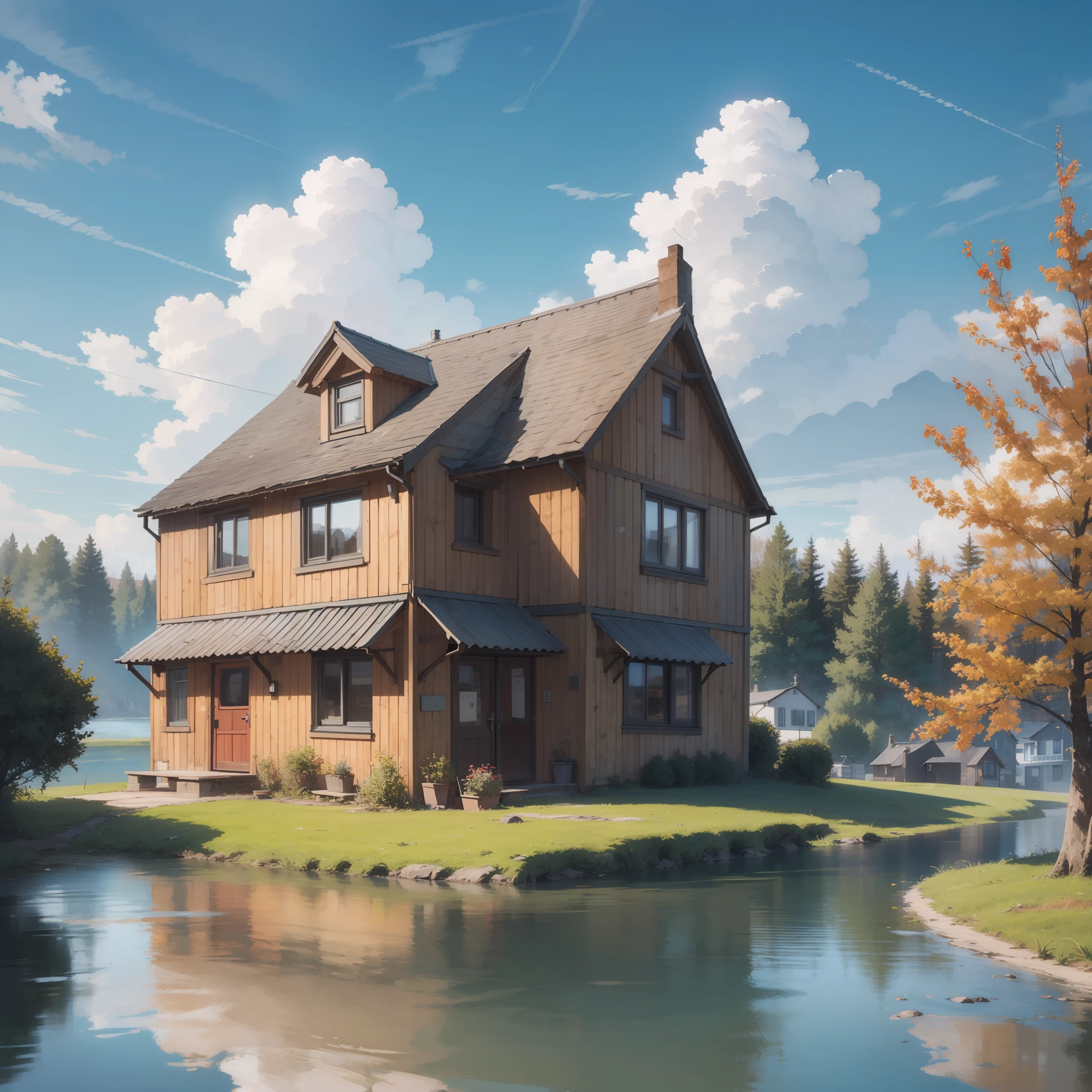 Small cottage, winter, lake, clouds, reflective lake