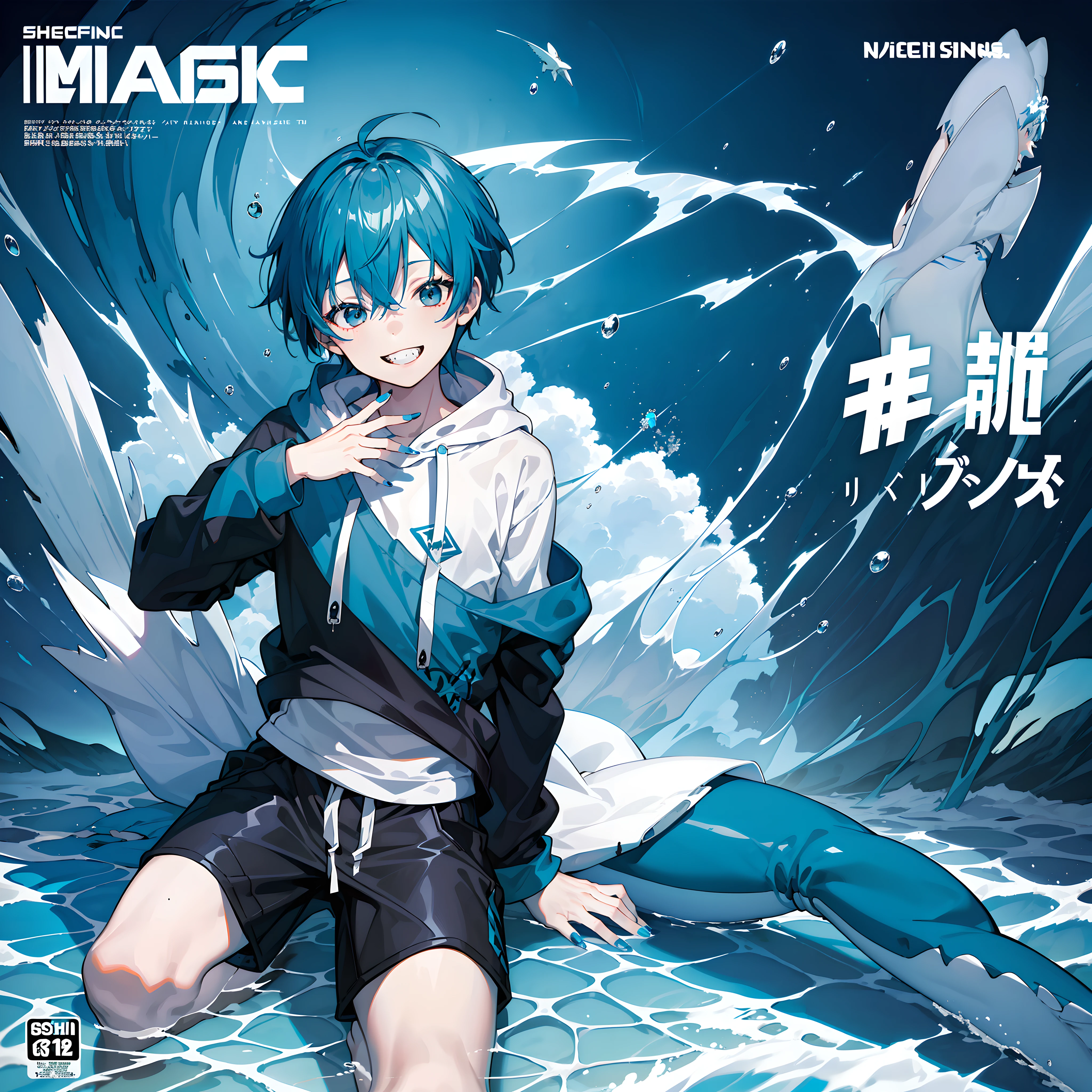 masterpiece, best quality, full body, (1boy), (Wearing a blue shark tail hoodie), (boy smiling sharp teeth), (Boy Messy Japanese Round Haircut for Thick Hair), (blue nails), (blue hair), black shorts, ((solo)), (magazine:1.3), (cover-style:1.3), fashionable, under the ocean, underwater city