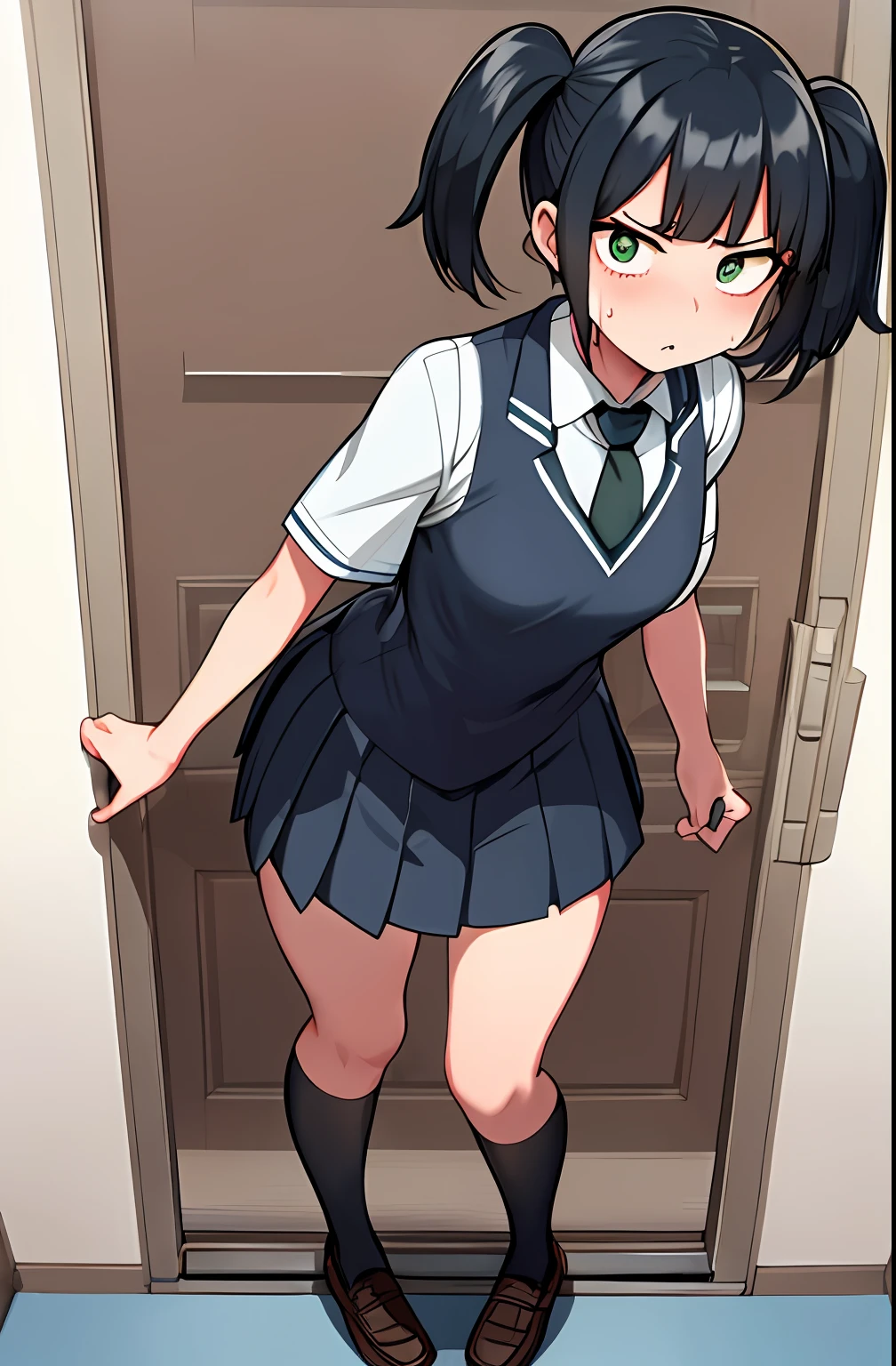 horikoshi kouhei, 1girl, medium height, schoolgirl clothing, black hair, twin tail hairstyle, clear blue sky, in front of a door setting, boku no hero academia, looking at viewer, neutral face expression, skinny, small breast, sweating, green eyes, short hair, standing, full body view, front view, black long tie