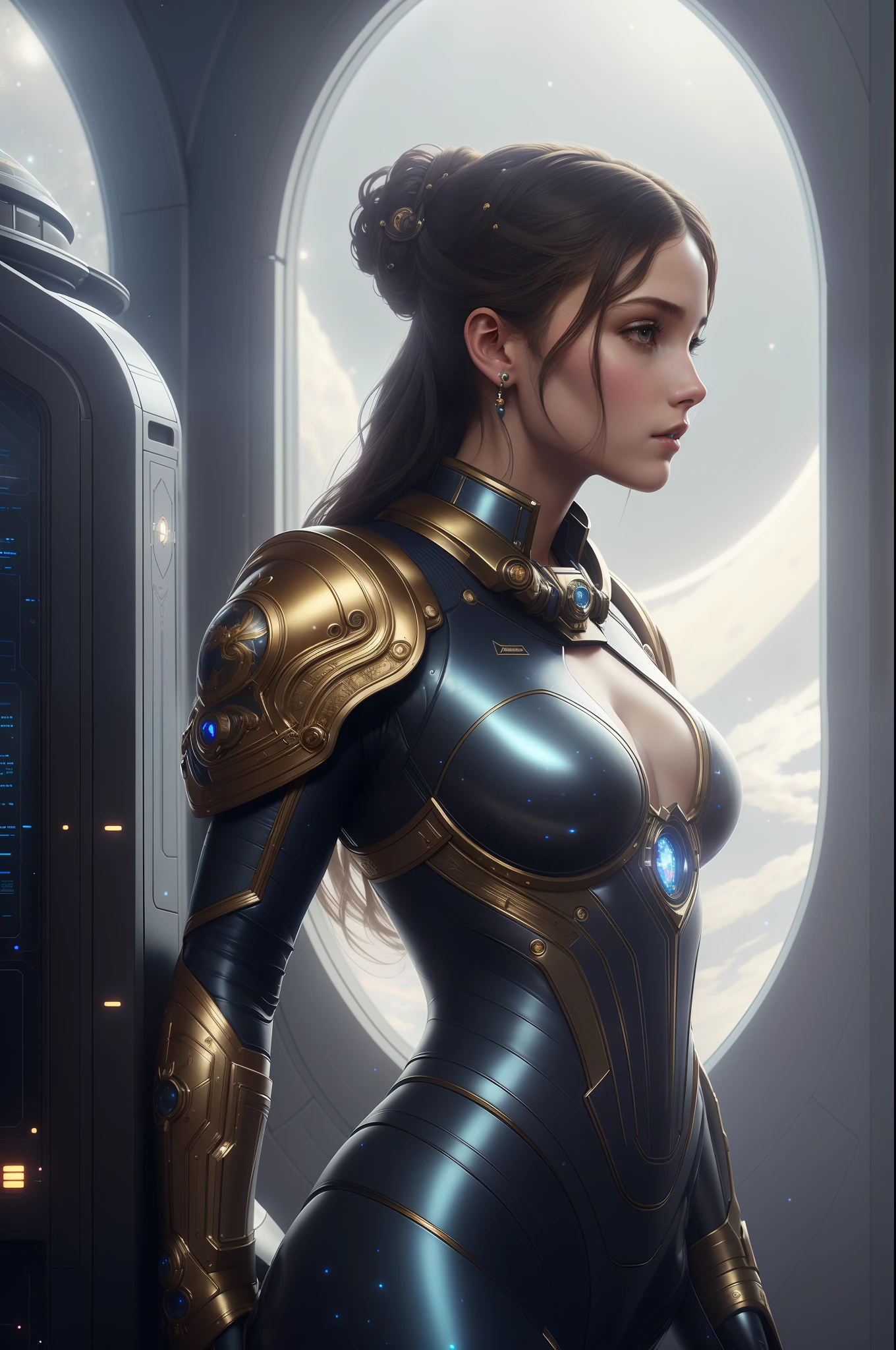 the perfect human model princess at a space station with big windows, accurate details, detailed face, fantasy, dramatic, intricate, elegant, highly detailed, digital painting, artstation, concept art, smooth, sharp focus, illustration, art by gustave dore, octane render, 4k