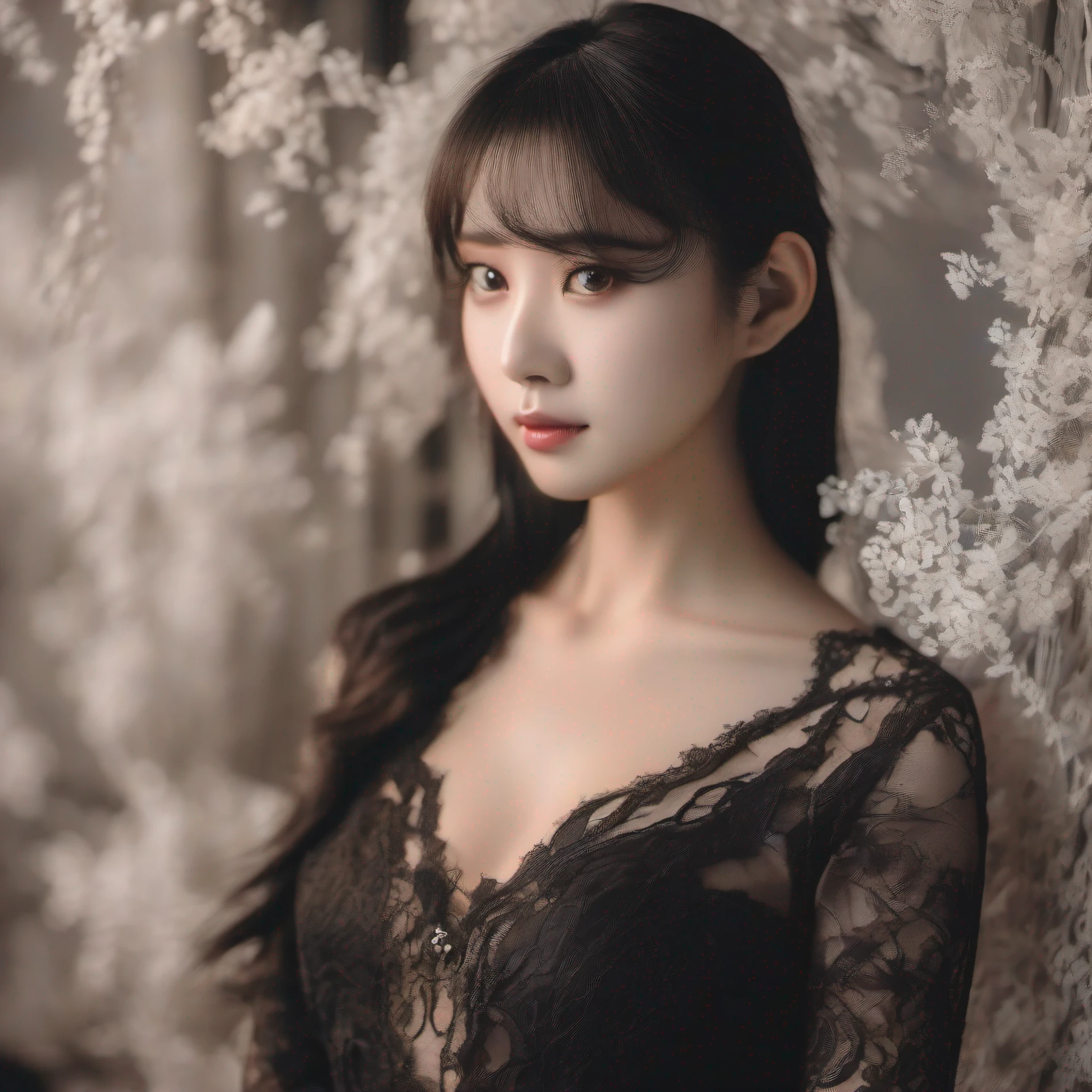 A young Chinese woman with a good figure looks at the camera,Lace black dress,blacksilk,Don't be too naked
