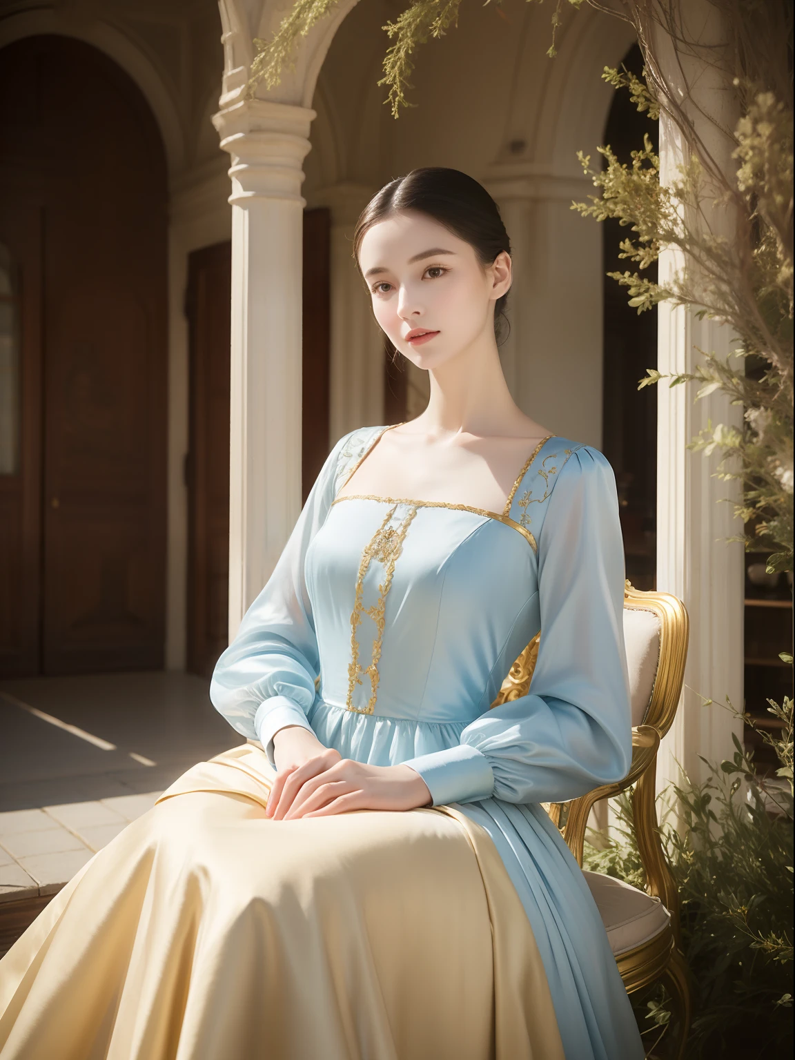 Antique bandeau dress, literary and artistic, beautiful, elegant, slender eyebrows, clear eyes, rosy lips, soft skin, satin long-sleeved blouse with golden edges, antique long-sleeved dress, fuqin posture, waiting posture, palatial palace, azure sky, quiet courtyard