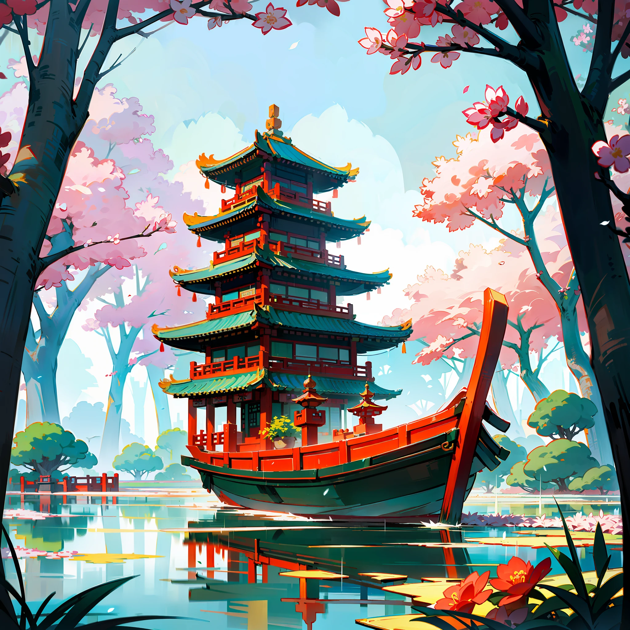 springtime,Spring has sprung,Grandiose scenes,Gangnam scenery,Flowers red willow green,Turquoise Lake(Turquoise Lake),West Lake view,Boats decorated with colorful canopies(Extremely colorful),Ancient poets sat on boats,The boats contrast with the wide lake,Drizzle,rain,Mist,the trees(Vivid green),Faraway view,a sense of atmosphere,China-style,Chinese style architecture,Chinese Ancient Times,vibrant with colors,Rule of thirds composition,Highest image quality,visual shock
