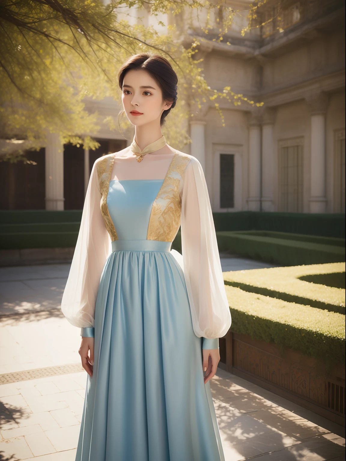 Antique bandeau dress, literary and artistic, beautiful, elegant, slender eyebrows, clear eyes, rosy lips, soft skin, satin long-sleeved blouse with golden edges, antique long-sleeved dress, fuqin posture, waiting posture, palatial palace, azure sky, quiet courtyard