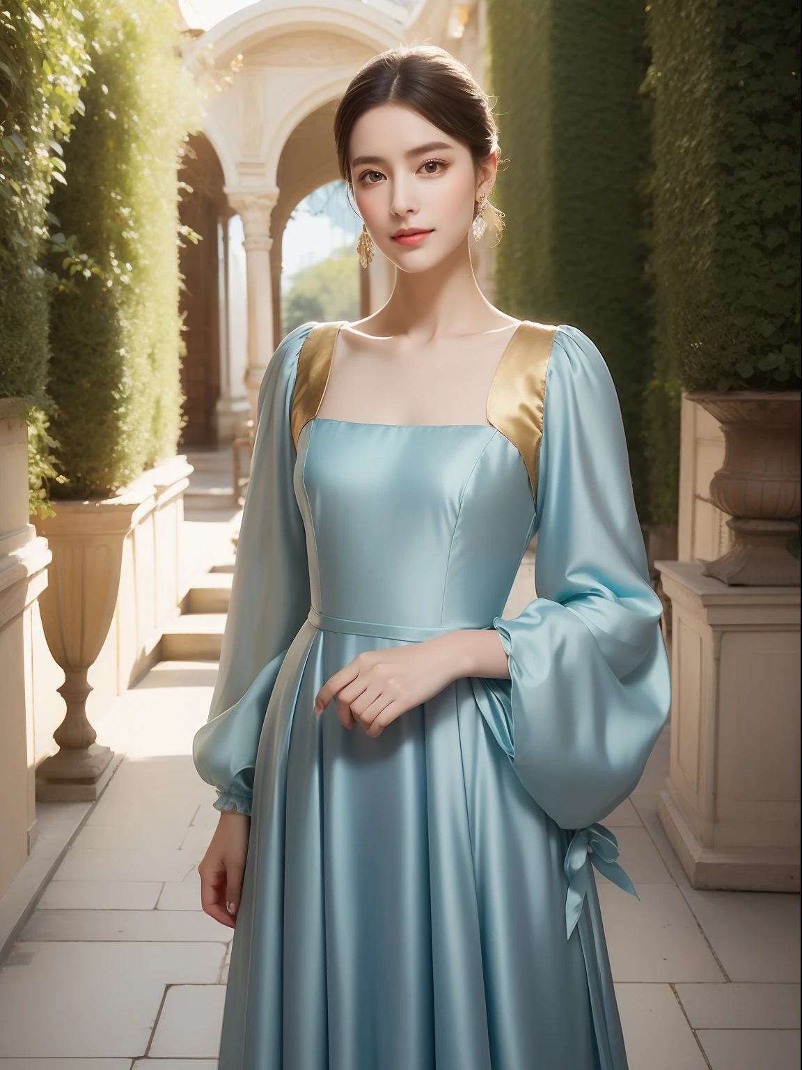 Antique bandeau dress, literary and artistic, beautiful, elegant, slender eyebrows, clear eyes, rosy lips, soft skin, satin long-sleeved blouse with golden edges, antique long-sleeved dress, fuqin posture, waiting posture, palatial palace, azure sky, quiet courtyard