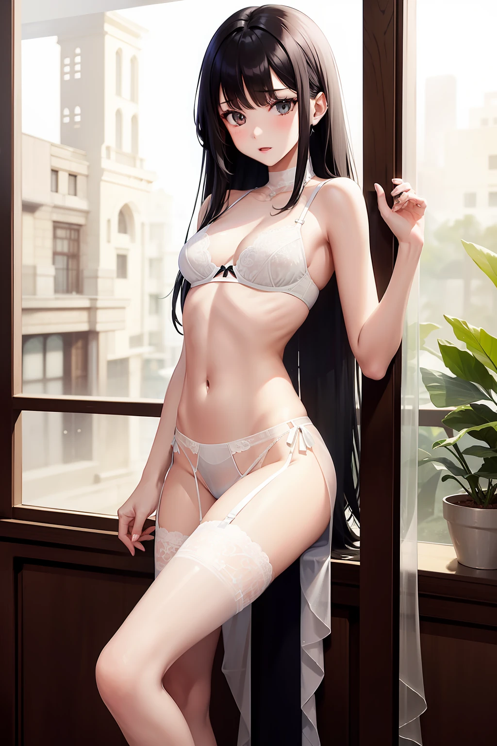 Skinny virgin,Clear thong, Lace skirt, Skinny, Long black hair,Masturbation stick,Take off your bra