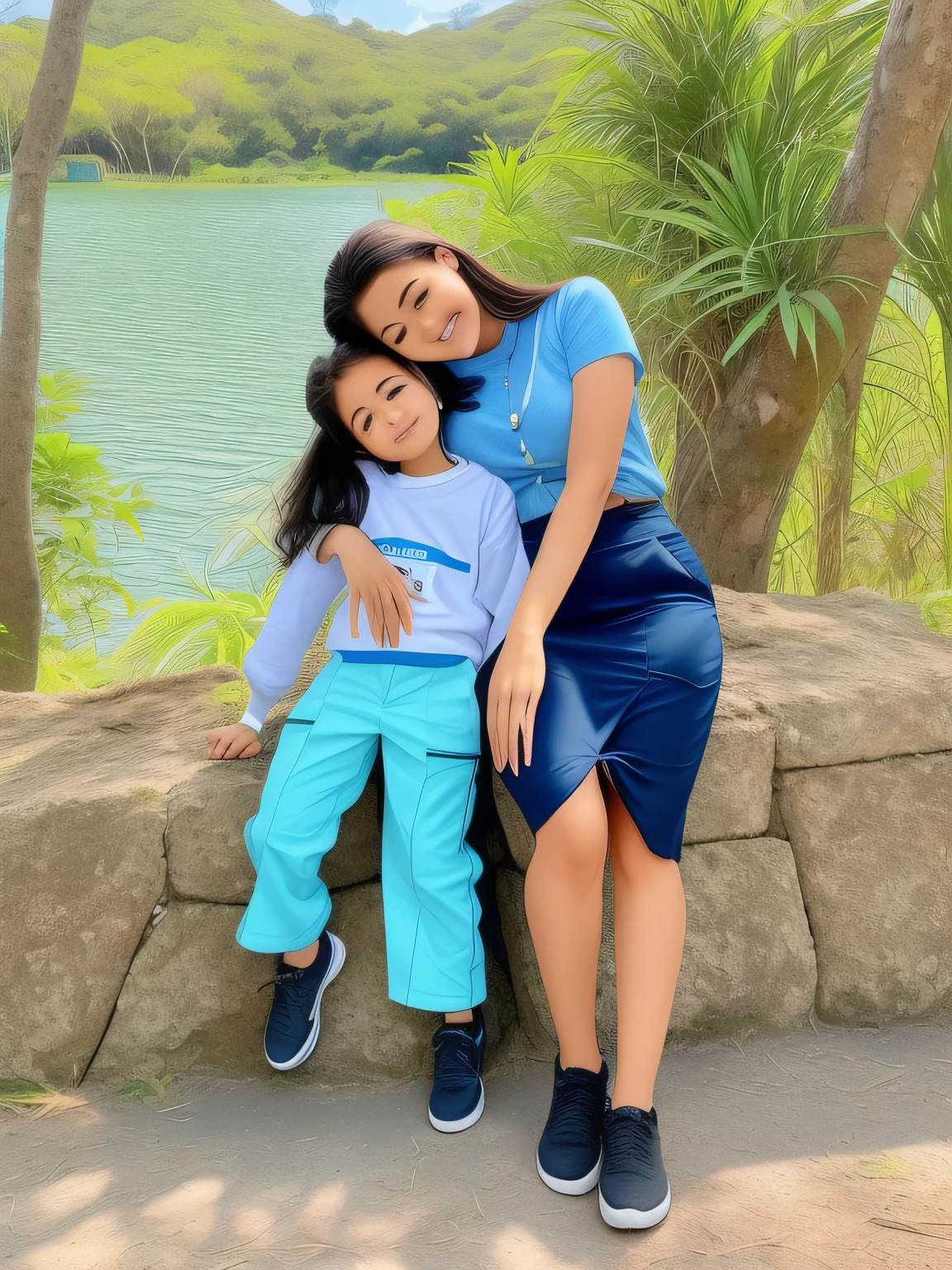 Araffes and a woman hugging near a lake, with a kid, modelagem para dulce e gabanna, tomada em 2 0 2 0, divertindo-se, Isabela Moner, photo shoot, 🤬 🤮 💕 🎀, 😭 🤮 💕 🎀, belos arredores, in a scenic background, sem parque, em um parque com a melhor qualidade possivel