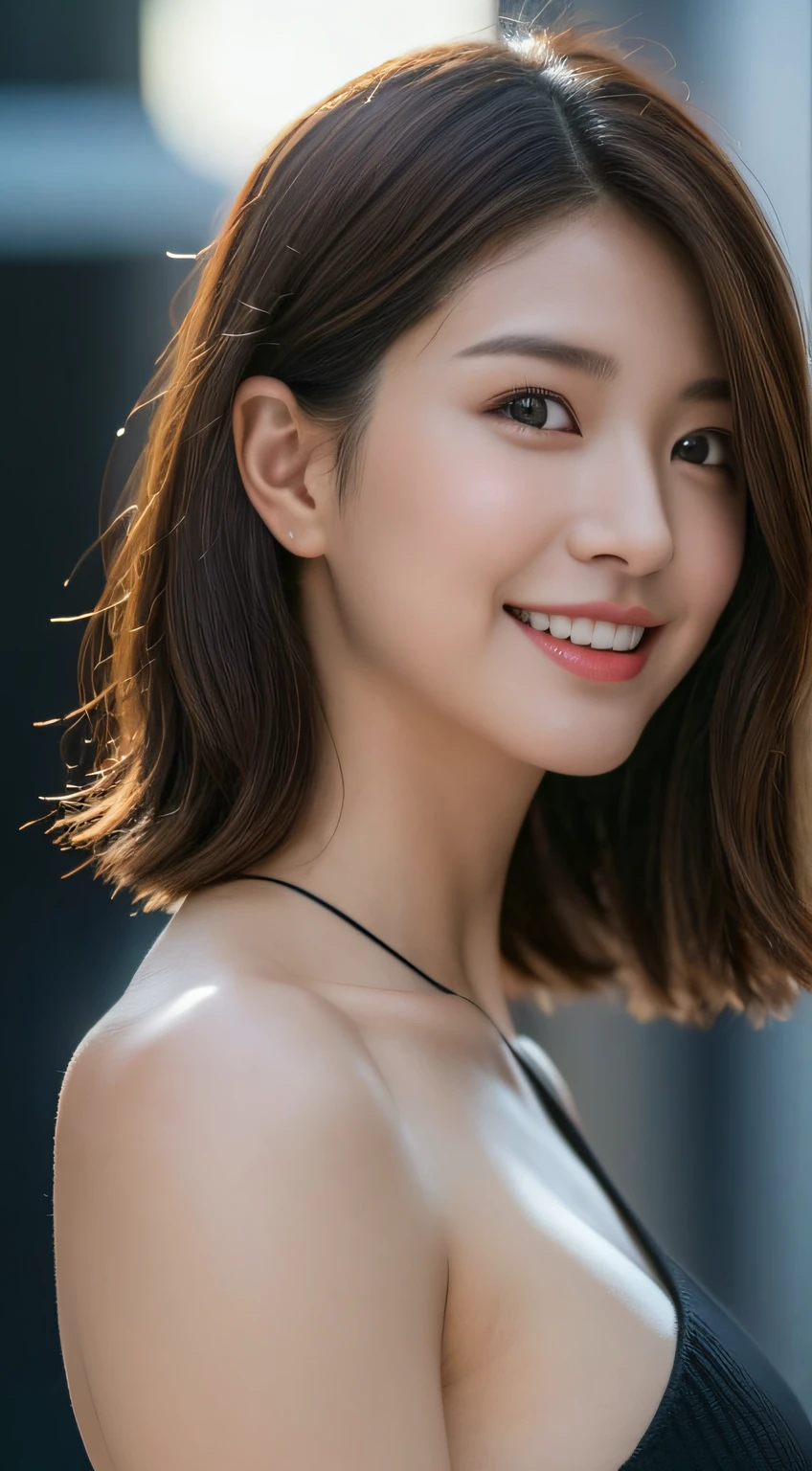 （((Dark Angel Costume))）、Petite woman with brown hair, 25 years old、goddes、bloom、lensflare、(8K、raw、proffesional、top-quality、​masterpiece:1.2)、(realisitic、Photorealsitic:1.37)、ultra-detailliert、(25mm portrait front view)、(Highest Details Skins:1.2)、(Supreme Detail Face:1.2)、Cinematographic lighting、1womanl、japanes、Short-cut brown hair、(Windy)、Walking on a street corner、Warm white light、An embarrassed smile、shot from front、((top-quality、8K、​masterpiece:1.3))、Beautiful woman with perfect figure:1.4、Slender Abs:1.3、((dark brown  hair、Colossal tits:1.2))、Highly detailed facial and skin texture、A detailed eye、二重まぶた、Have a controller、Riding a motorcycle、The background is a high-tech lighting scene of a futuristic city。