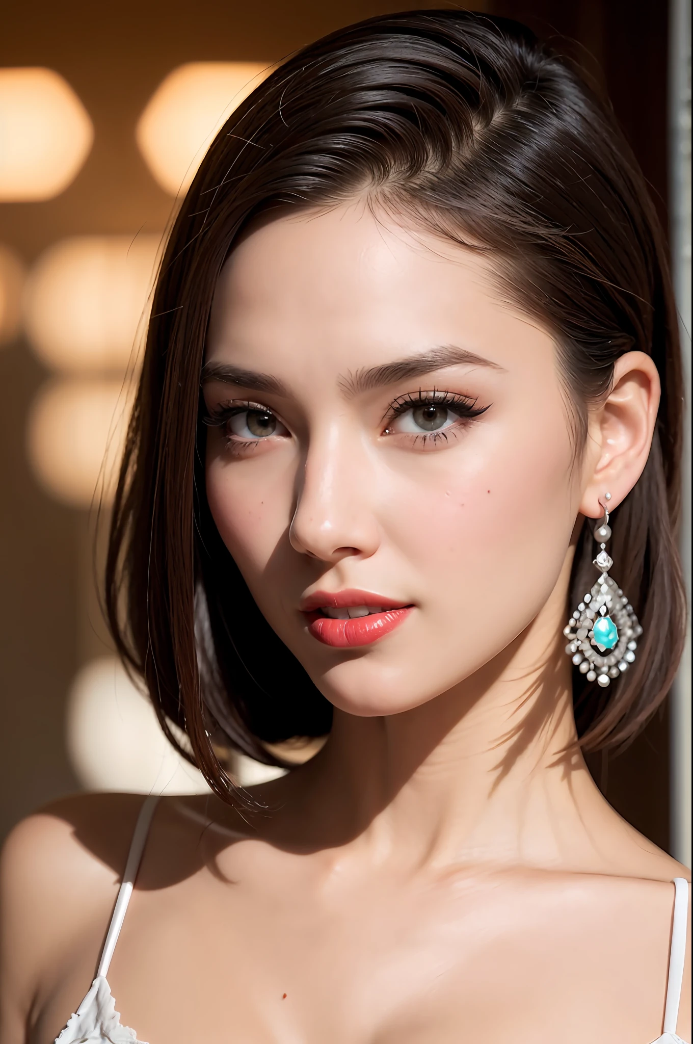 8k, beste Quality, A masterpie, Realstic, photorealestic, extremelydelicateandbeautiful, Extremely-Detailed, astonishing, Exquisite details, Official Art,absurdist. incrediblyabsurdres, huge filesize, 超detailded, a highres, Extremely-Detailed, beautiful detailed girls, Very detailed eyes and face, Beautiful detailed eyes, Facial light, Nasal blush, ((1girl)),brown eyess, Red lips, short hairs, Bob Hair, neckless, ear ring, Medium breasted, cleavage breasts, shinny skin, out door, Professional lighting, detailed shadow, Supermodel, smile on face, a-pose