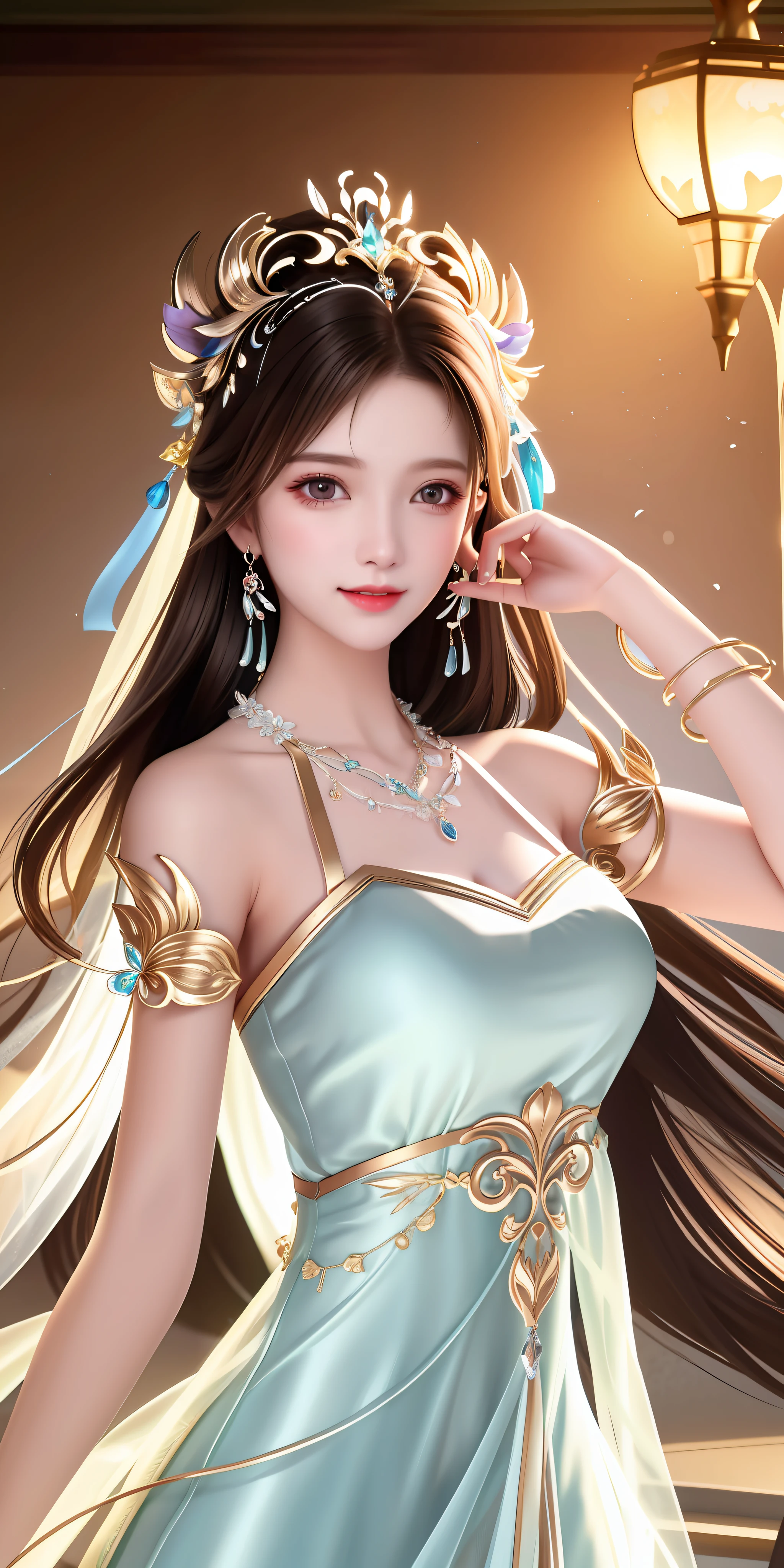 Best quality, masterpiece, high resolution, 1girl, clear silk porcelain dress, beautiful face, hair accessories, looking at the audience, smiling, close your mouth, lips, dress, hair accessories, necklaces, jewelry, long hair, earrings, beautiful face, on the body, Tindal effect, realism, dark studio, edge lighting, two-tone lighting, (high detail skin: 1.2), 8k UHD, DSLR, soft light, high quality, volumetric lighting, photo, high resolution 4K, 8k, blurred background