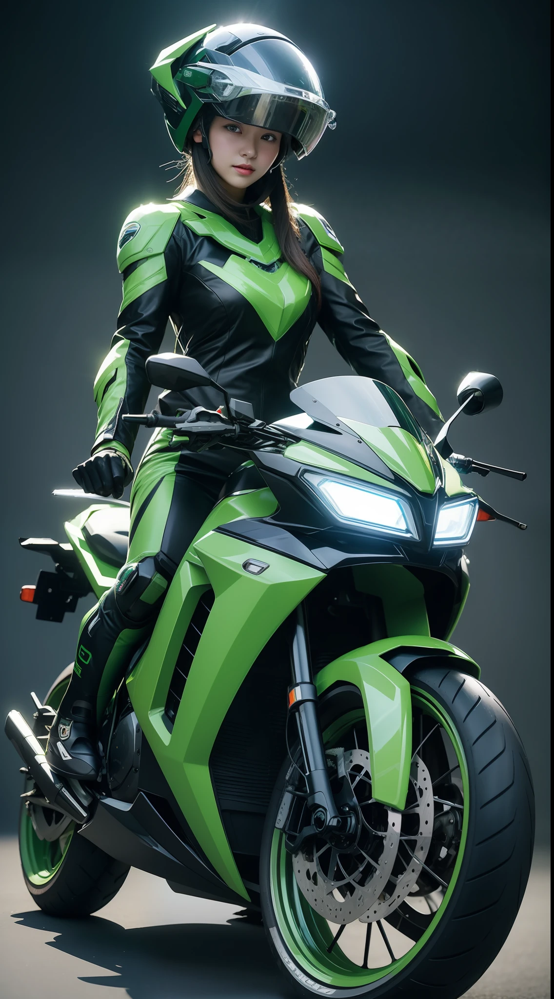 Highest image quality, outstanding details, ultra-high resolution, (realism: 1.4), the best illustration, favor details, highly condensed 1girl, with a delicate and beautiful face, dressed in a black and green mecha, wearing a mecha helmet, holding a directional controller, riding on a motorcycle, the background is a high-tech lighting scene of the future city.