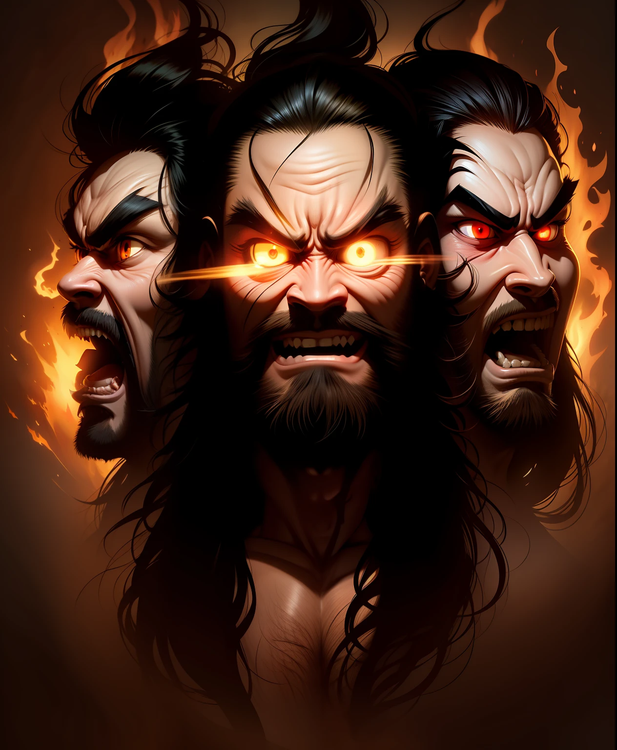 Angry three-headed man，Double eyes，buck teeth，Hair stands on end，Fire，