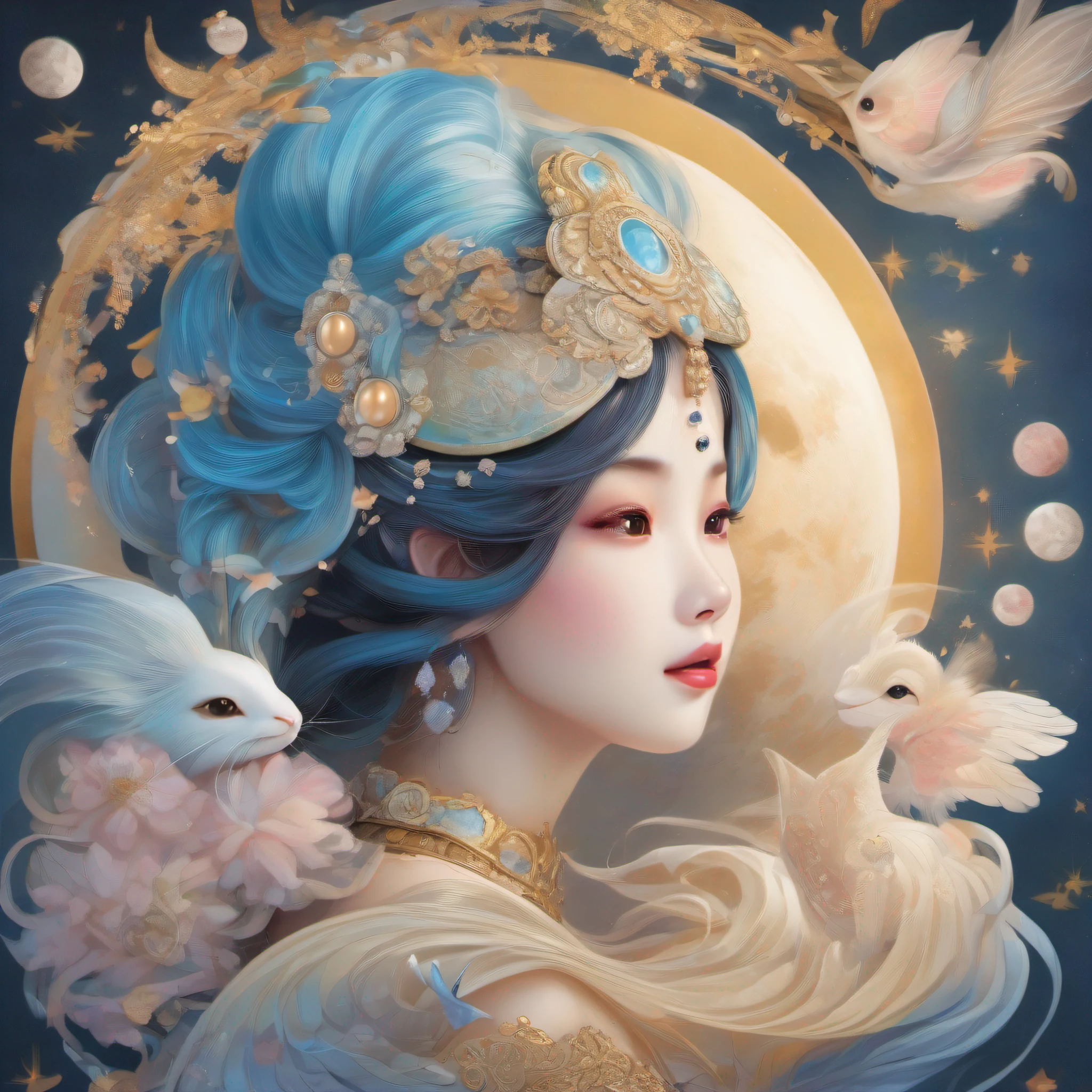 A whimsical artwork inspired by the story of Chang'e's flight to the moon, Has a blind box aesthetic. The focus is on a lovable character,Extremely large, mesmerizing eyes, Soar gracefully over the moon. The characters' flowing costumes create a dynamic and ethereal beauty. The color palette includes pastels, Focus on shades of blue and white,Evokes a dreamy atmosphere. Artwork is a hybrid creation using traditional and digital media, Produces captivating and detailed illustrations.