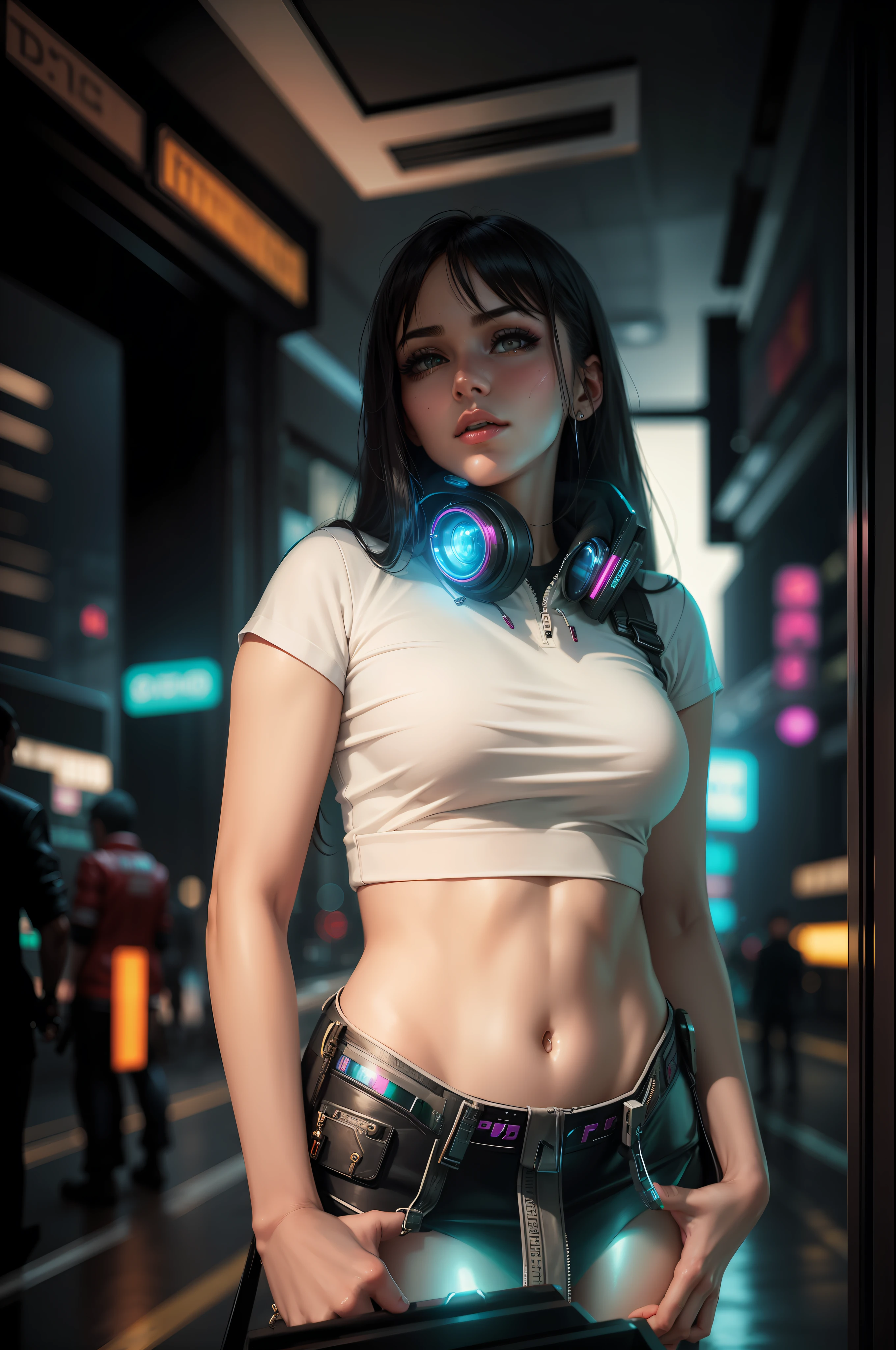 A pretty girl in a cyberpunk city