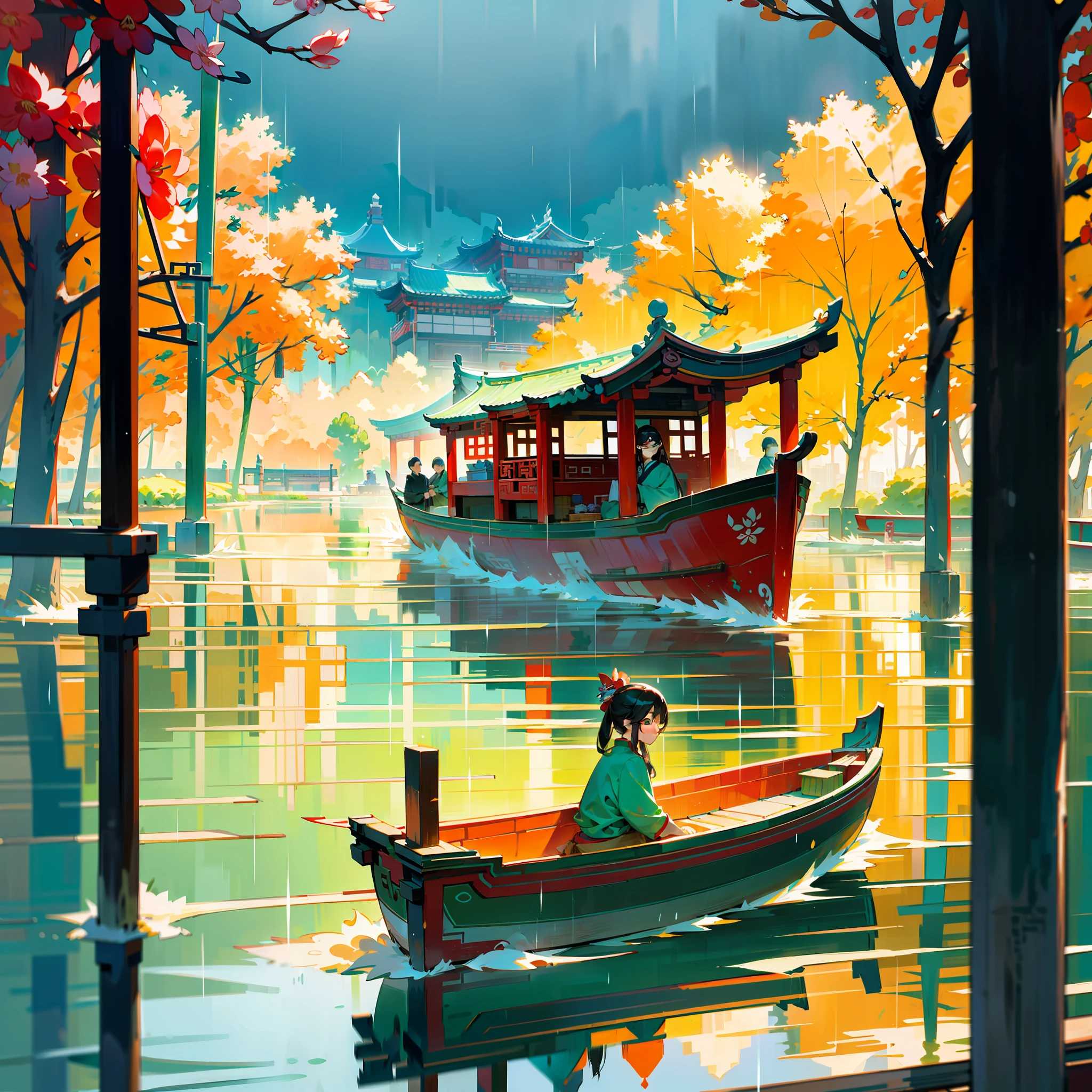 springtime,Spring has sprung,Grandiose scenes,Gangnam scenery,Flowers red willow green,Turquoise Lake(Turquoise Lake),West Lake view,Boats decorated with colorful canopies(Extremely colorful),Ancient poets sat on boats,The boats contrast with the wide lake,Drizzle,rain,Mist,the trees(Vivid green),Faraway view,a sense of atmosphere,China-style,Chinese style architecture,Chinese Ancient Times,vibrant with colors,Rule of thirds composition,Highest image quality,visual shock
