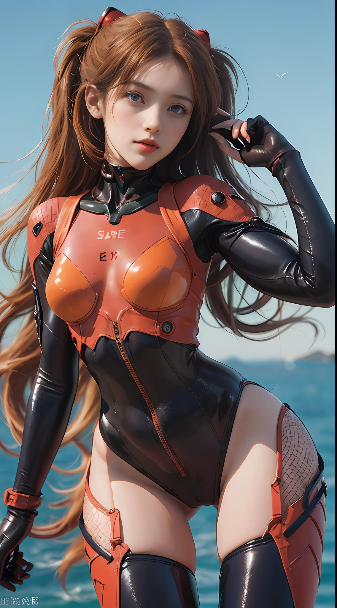 (((Whole body:1.1))))), ((Real)))),Photos, Best Quality, 1 Female,(from below),((cameltoe))(erect)),Long legs,perfect anatomy,ultra detailed face, detailed lips, detailed eyes, double eyelids, (((beautiful face, beautiful eyes, blue eyes))(see through)))(crimson bodysuit, Crimson latex suit, crimson enamel suit))), (glossy), delicate clothing wrinkles, twin-tailed, slender waist, top quality, pale skin, (Su-Liu Aska Langle, plug suit 02), fishnet stockings,(Navy aircraft carrier background,sea background, strong sunlight), sunlight,(face and eye details:1.1), self-righteous, blush, (((shy)), Very delicate and beautiful girl, stand,open legs,(to8 contrast style),