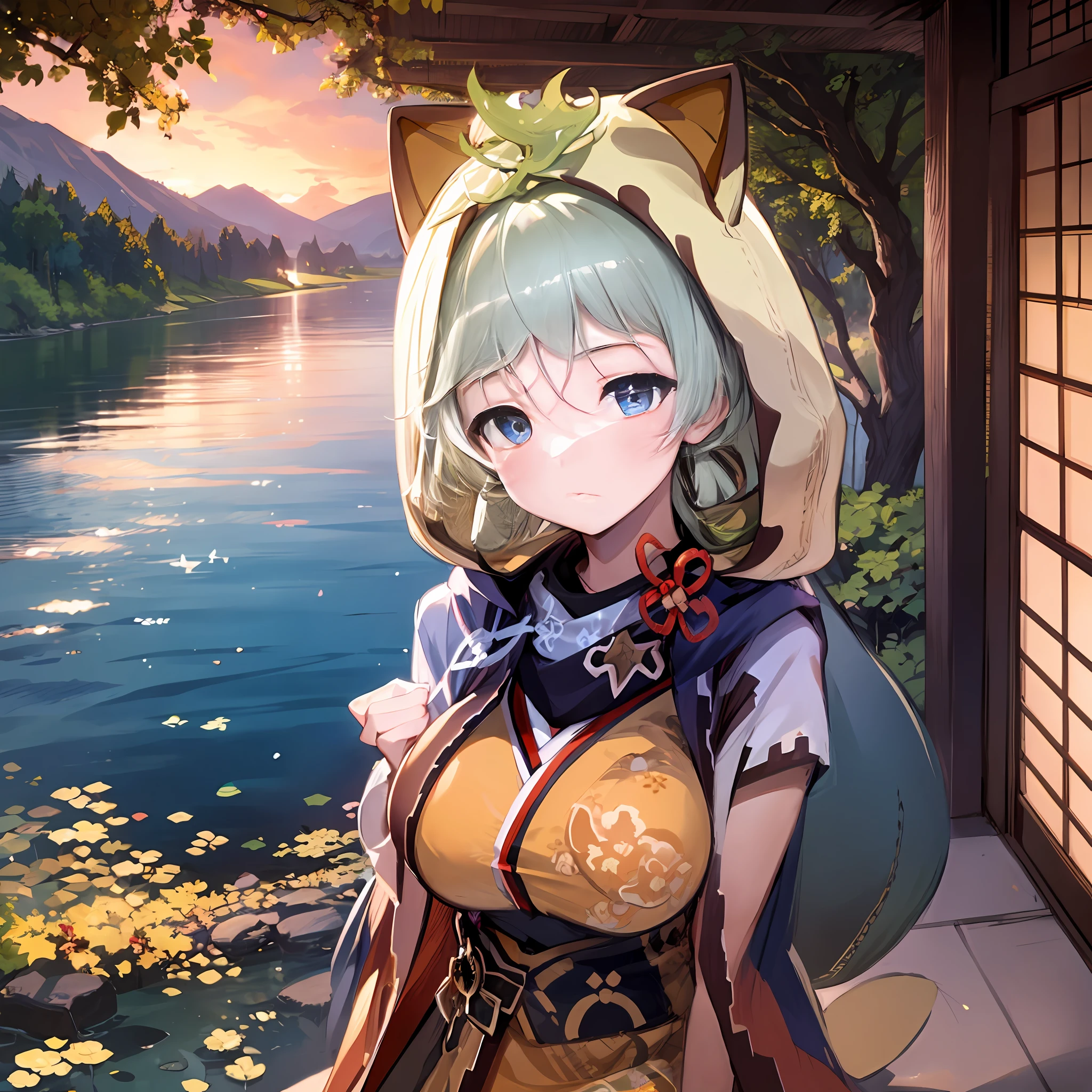 (NSTDA.:1.2), (10, beste-Qualit, master-piece: 1.4), ultra-high resolution, (lifelike, photorealistic portrait: 1.48), 25 years old, Cute Girl, Famous Japanese actors, gigantic , Blue Eyes, Head tilt, cowboy shot, from the front,My favorite cat ears, looking at the audience, expressionless, Beautiful lake, Zeiss 150mm F/ 2.8 Hasselblad, In Japanese shrines, Whole body, foot, Ultra-Wide Angle
