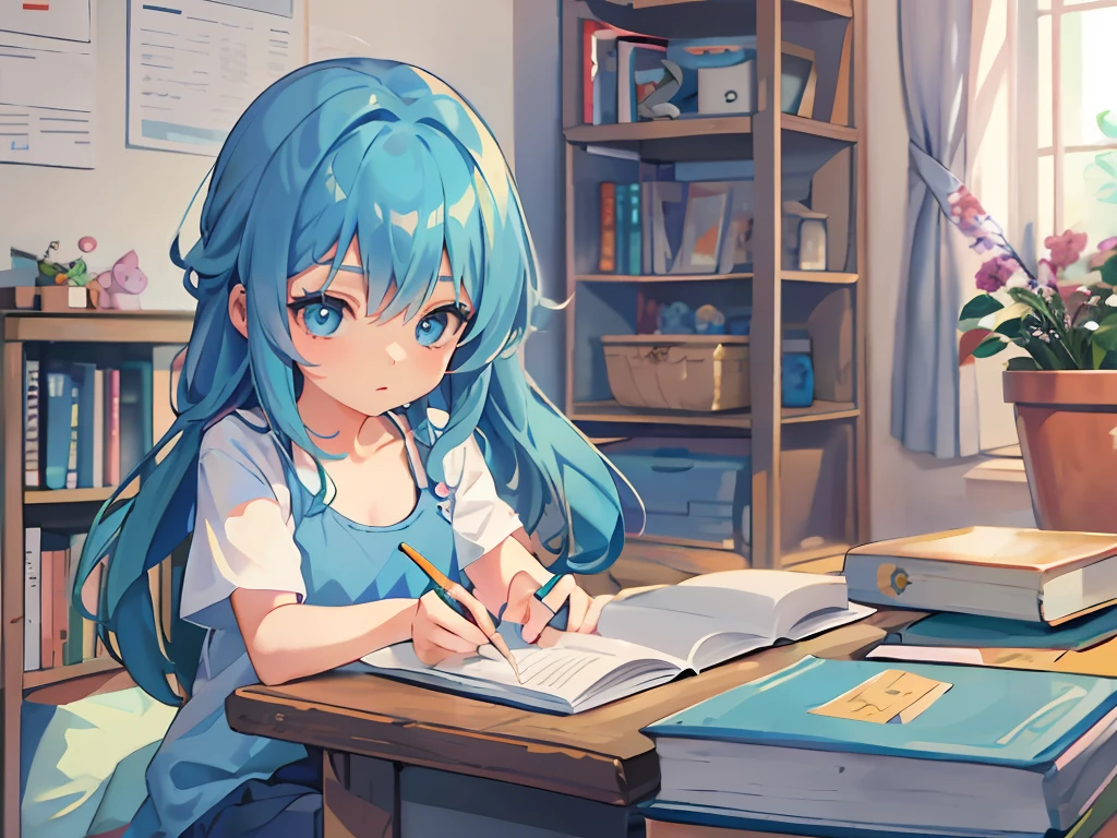 A 5 girl(blue hair,long whitr hair,Wear a blue T-shirt,smallunderboob,Blue-eyed,Sit at a plush bookcase desk,Focus on homework),closeup cleavage,Clear facial features