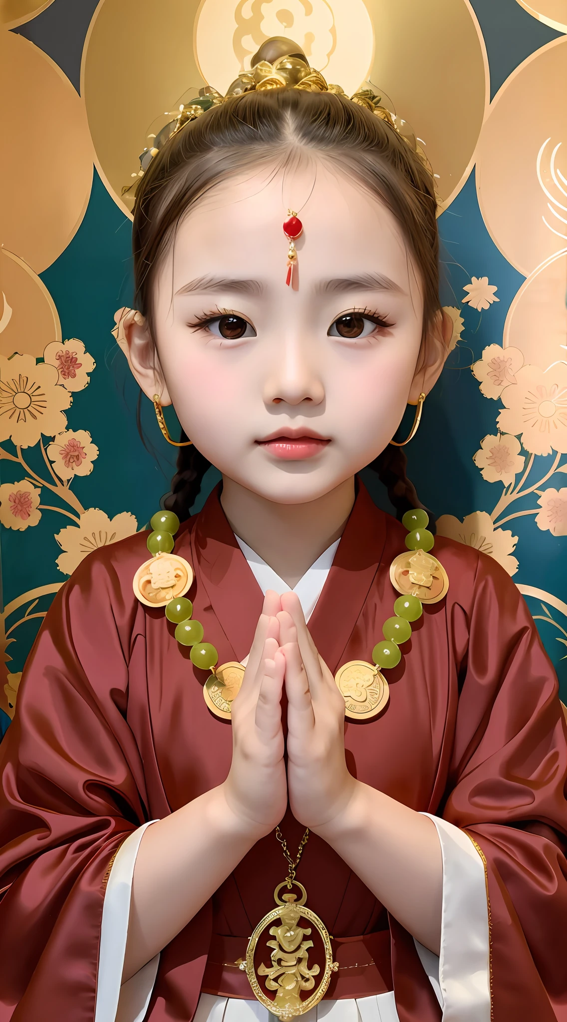 There was a girl in a golden dress,He wears golden Buddha beads around his neck, Delicate little hands,Palace , A girl in Hanfu, Chinese girl, Wearing ancient Chinese clothes, China Princess, yanjun cheng, Young Asian girl, Chinese traditional, Hanfu, Chinese costume, young cute wan asian face, inspired by Wu Bin, Princesa chinesa antiga, Traditional Chinese clothing