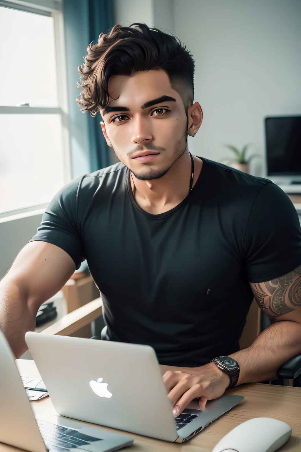 imagem para foto de perfil do Instagram sobre marketing digital, curso online, empreendedorismo digital, dropshipping, ganhar dinheiro com a internet. homem, 22 anos, brasileiro, milionario, empreendedor digital, realista, 8k, melhor qualidade de frente para macbook trabalhando