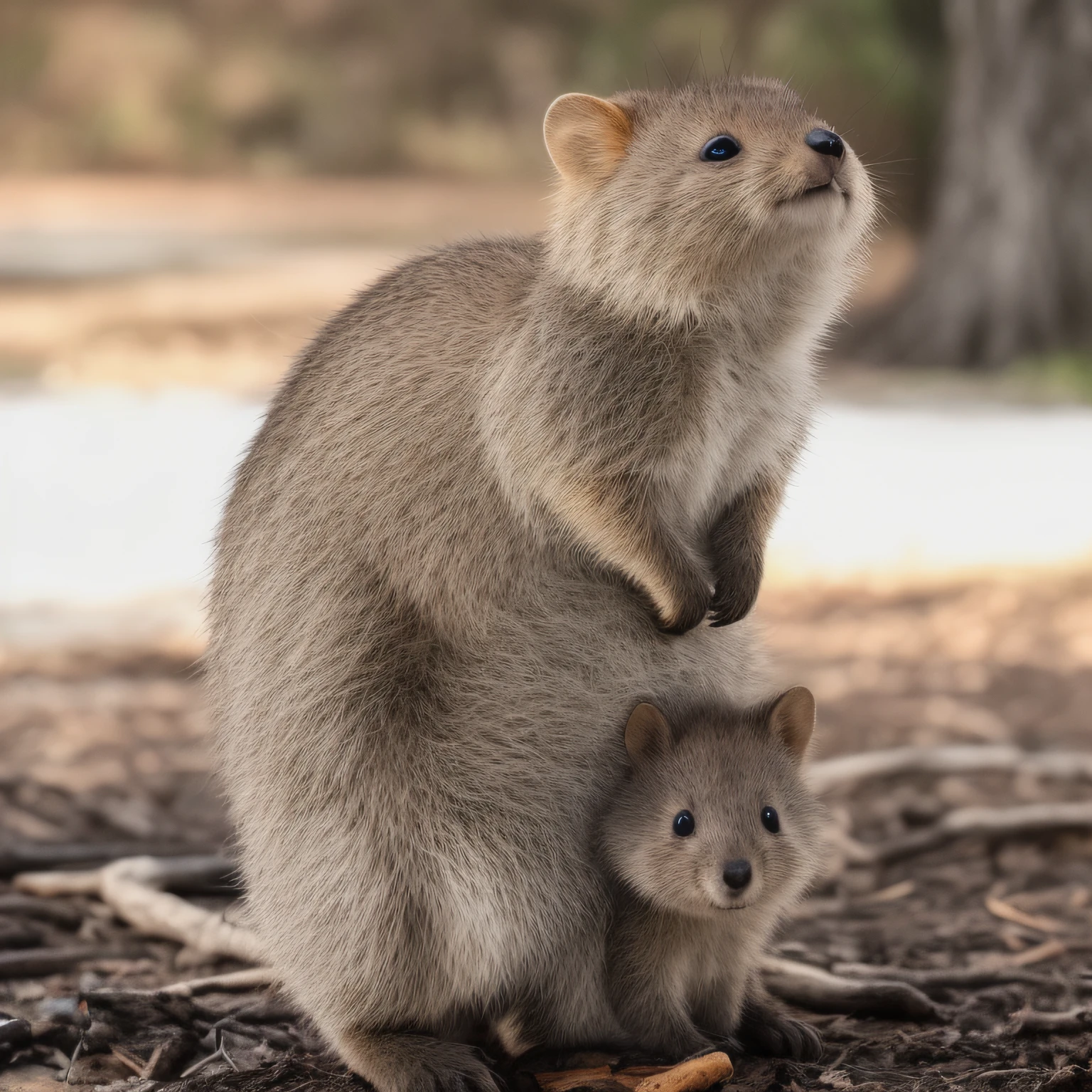 There is a small animal that is sitting on the ground, Quokka, Retrato de um Quokka Feliz, they are crouching, adult pair of twins, Australiano, cauda fofa grossa, trending ,, cauda arbustiva, 📷 Mungojerrie e Rumpleteazer, grandes e pequenos, Hangout da tarde, Criaturas, oz