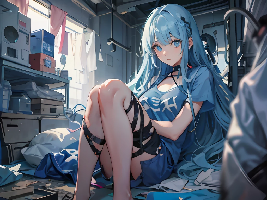 A weak girl（blue  hair，long whitr hair，Wear a blue T-shirt，smallunderboob，blue color eyes）Lying in a makeshift operating room in an abandoned factory，A lamp illuminated her，Clear facial features，Wear long jeans