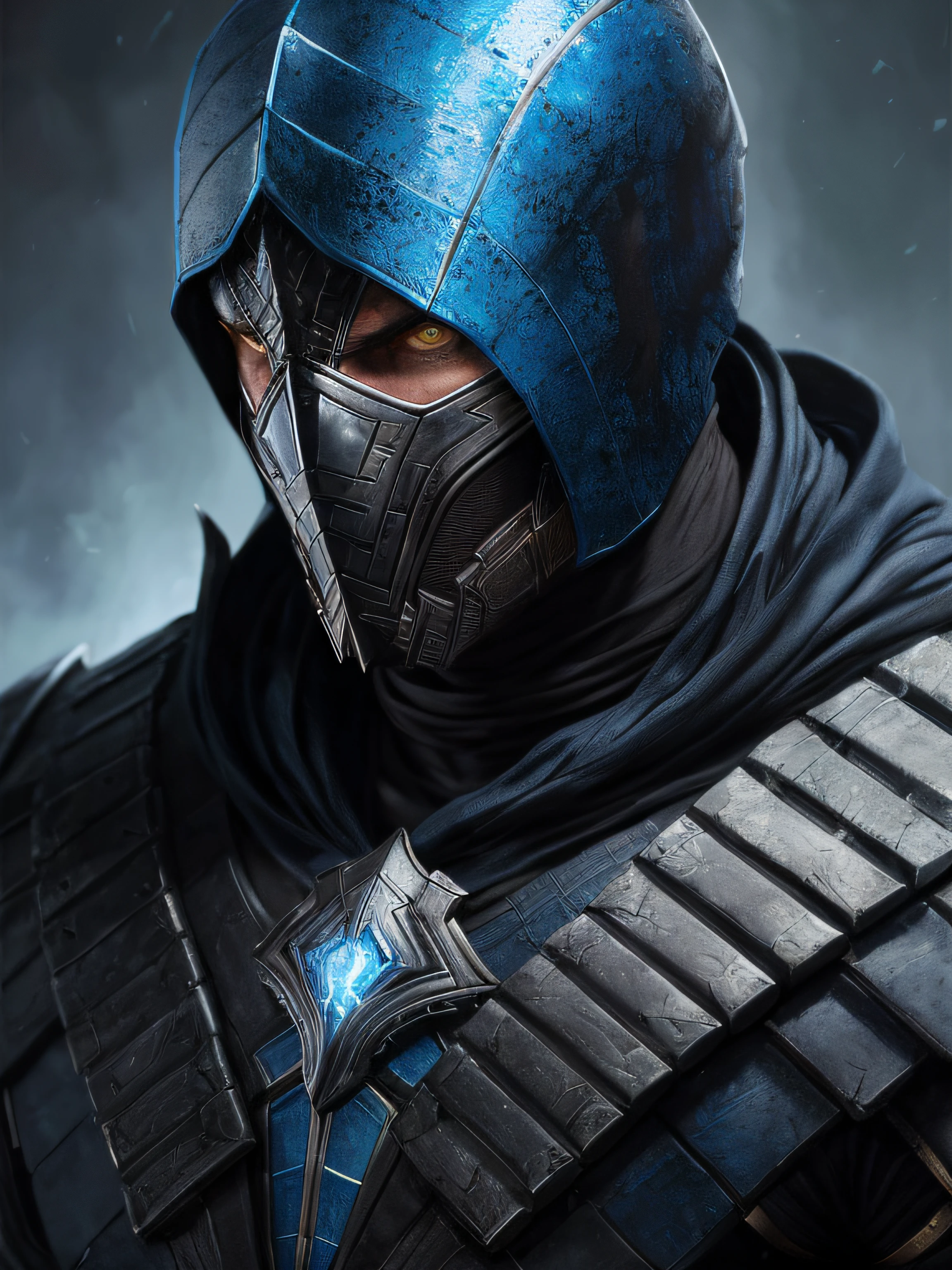 Um retrato, Sub Zero scorpion, olhos brancos detalhados, armadura bladk e azul, capuz, veins in your arm, intrincado, alto detalhe, foco nítido, Dramatic and Photorealistic Painting Art by Greg Rutkowski
