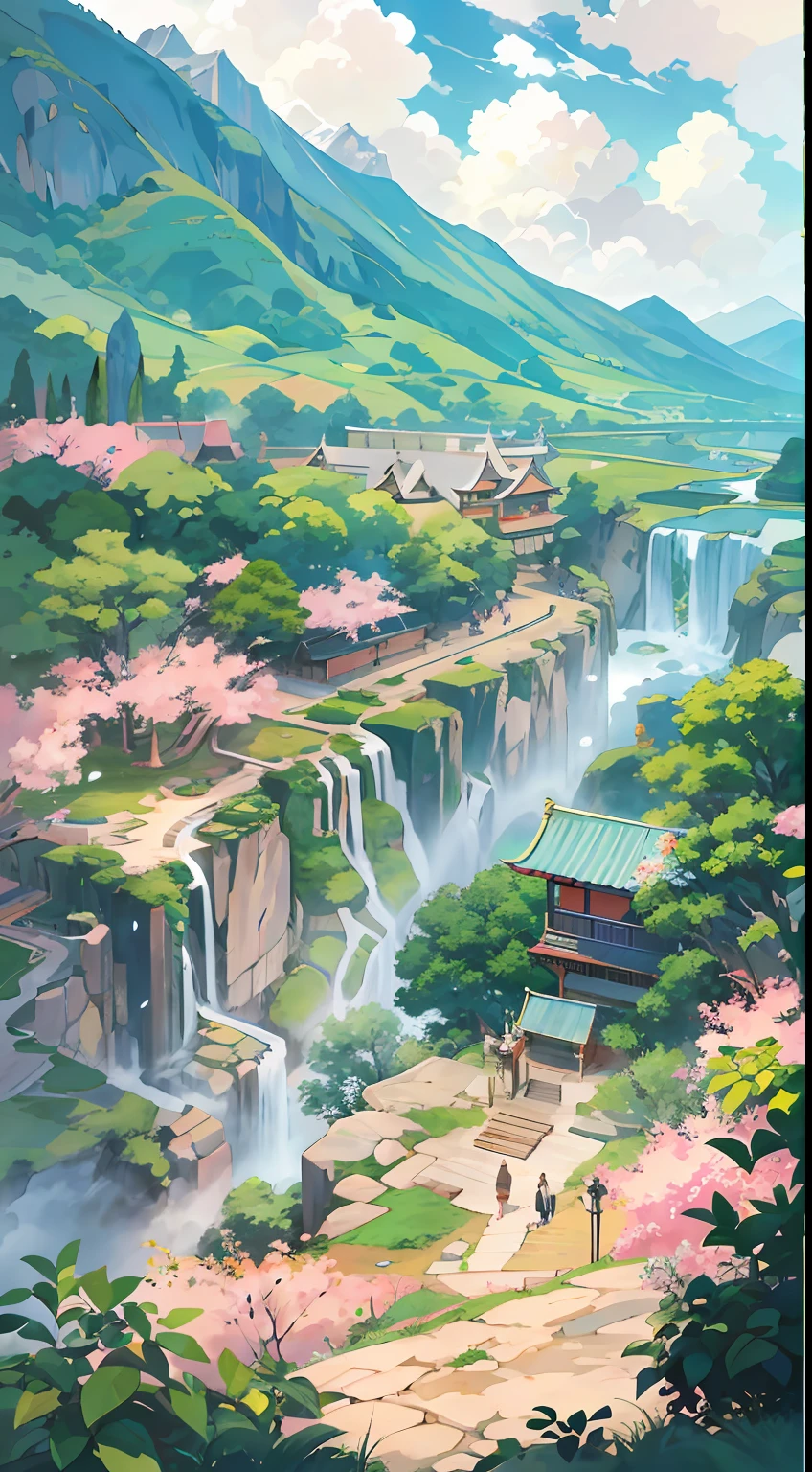 in style of ghibli,in style of hayao miyazaki,beautful view,with blue sky and white clouds、springtime、jungles、lakes、hole in the mountains、waterfallr,The tree、grassy fields、Rochas、hot onsen、hydrosphere、(illustratio:1.0)、Epic composition、Realistic lighting、high definition detail、tmasterpiece、Best quality,(非常详细的 CG 统一 8k 壁纸)