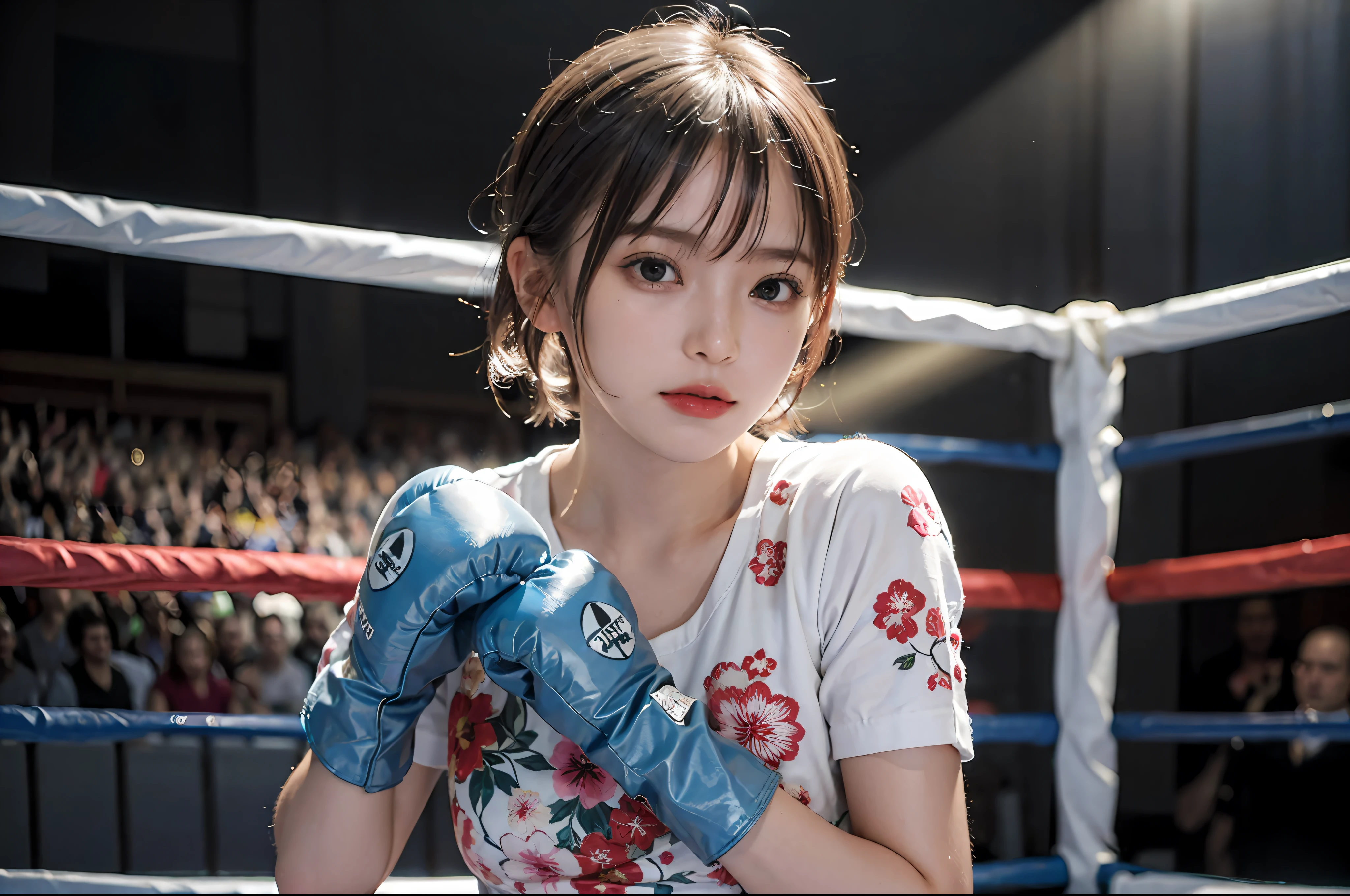 Best Quality, Boxer, (Photorealsitic:2), 超A high resolution, Highly detailed, A hyper-realistic, 1girl in, (Boxing gloves), Floral pattern,  colourfull_Head_hair、(((very_Short_Head_hair))), Short hair, Slim body, Full Shot, Looking at Viewer, ((boxing Ring)),  Bright atmosphere, spot light, Detailed background