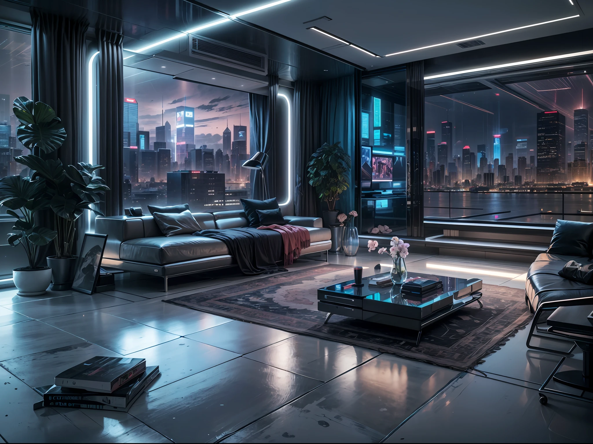"A futuristic and sleek modern living room with a stylishly designed TV, comfortable couch, and a sleek desk. The room features floor-to-ceiling windows that offer stunning views of a bustling cityscape at night, creating a mesmerizing cyberpunk atmosphere."
