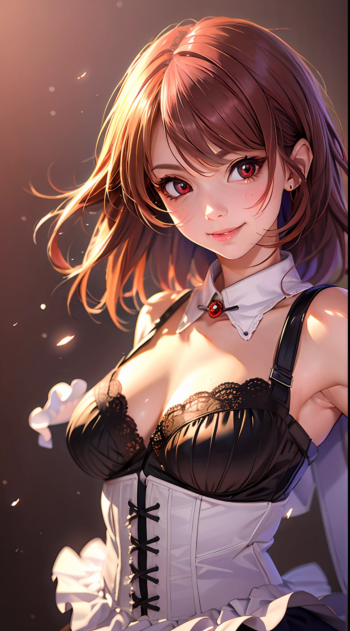 Idol, Masterpiece, Top Quality, Beautiful Face, Absurdity, HDR, (Cowboy Shot, White Ruffled Lace Mini Dress, White Collar, White Frill Cuff, Particles: 1.5), (Bloom, Glow: 1.4), (Smile), (Red Color Inhair, Purplish Red Eyes: 1.7), Sharp Focus, Photorealistic, High Resolution, Best Detail, Ultra Detailed, Detailed Face and Eyes, Sharp Pupils, Realistic pupils, sharp focus, shiny skin, (black long hair, black corset: 1), (dark studio, dark background: 1.5), rim lighting, dynamic and cinematic lighting, ((skirt up: 1.3)))), ((white panties visible))),
