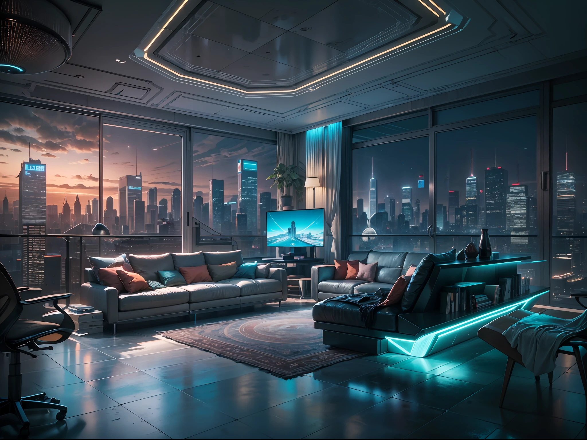 "A futuristic and sleek modern living room with a stylishly designed TV, comfortable couch, and a sleek desk. The room features floor-to-ceiling windows that offer stunning views of a bustling cityscape at night, creating a mesmerizing cyberpunk atmosphere."