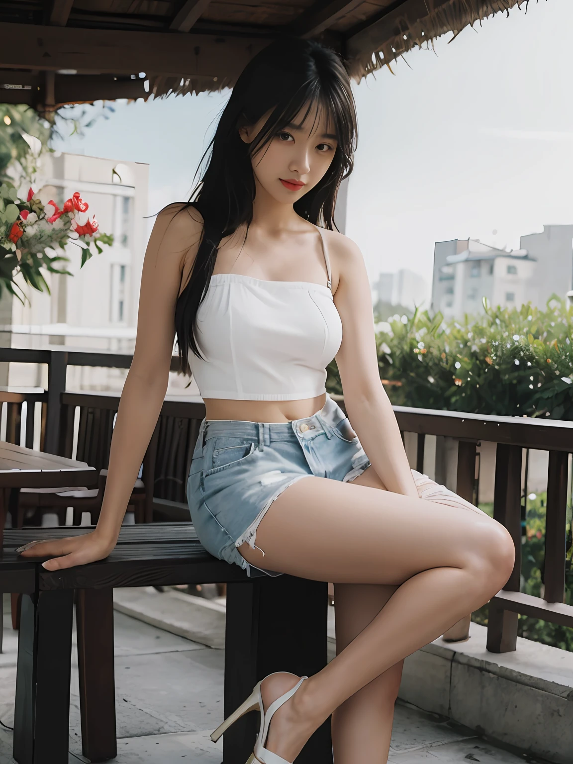 best qualityer, tmasterpiece, Ultra-high none, (Fotorrealista: 1.5), RAW photogr, 1girll, During the day，NOWAI，Small riverside，deep shading, discreet, cold light, sexy looks, middlebreast，ssmile，White strapless top，denim short，One-line strap type heeled sandals，Stand all over，long whitr hair，black color hair，Tong，Lingerie with a slinger，Crop topping，Tall guy，with thin legs，