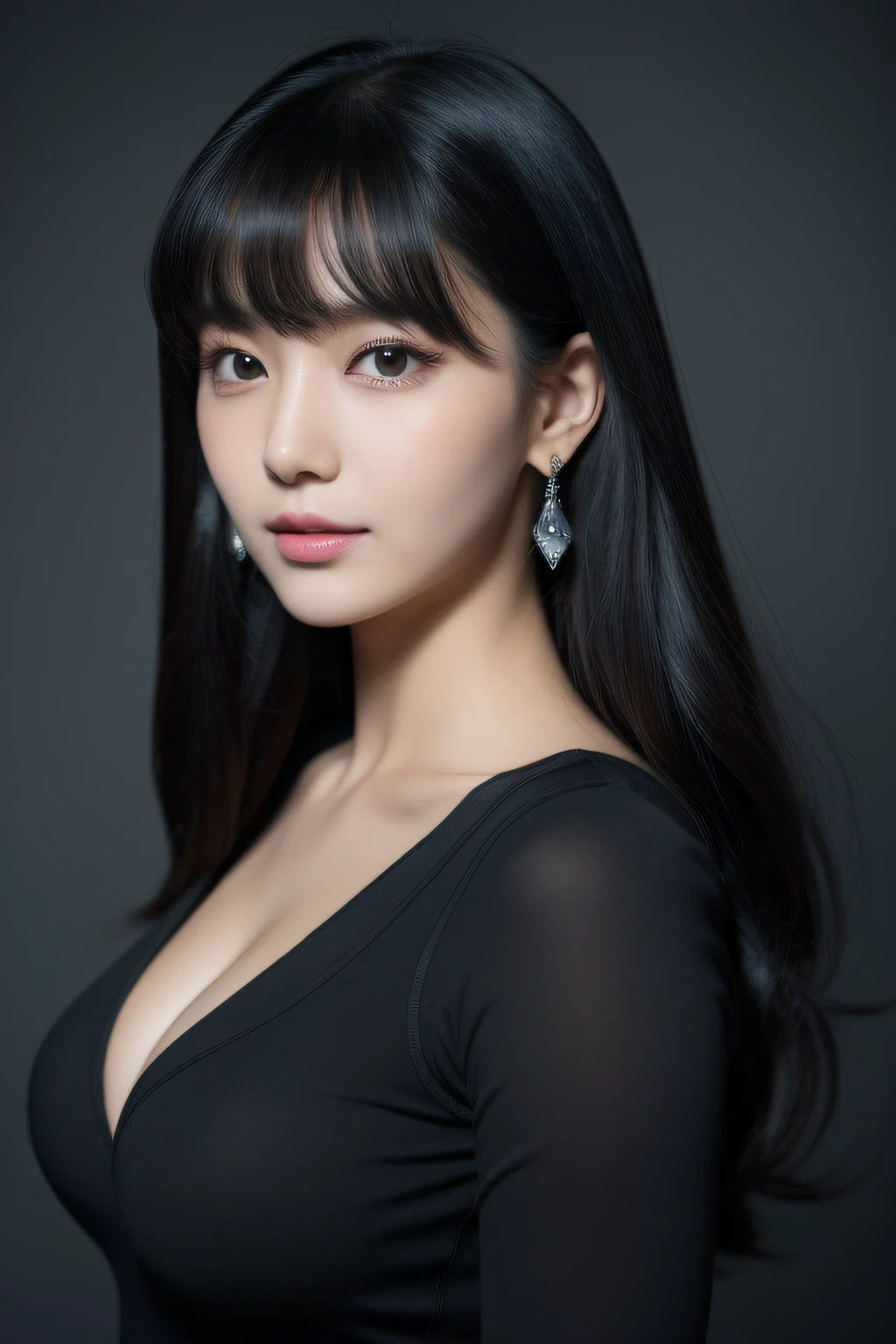(((Dark Angel Costume))),Best Quality, masutepiece, hight resolution, extremely delicate and beautiful, extra detailed face, extremely detailed eye, Upper body, beautiful mature women, (24 instars), Seductive smile , Curled Hair, Long hair, Dancing,Windy, Curled Hair, Windy, Best Quality, 超A high resolution, Best Quality, 超A high resolution, Black hair, Blunt bangs, Parted bangs, earrings