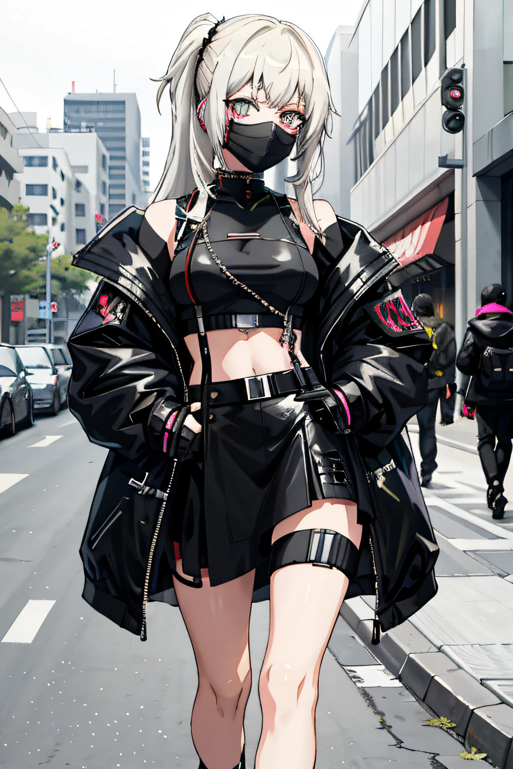 Anime girl walking down the street in black costume and mask, cyberpunk anime girl, wearing cyberpunk streetwear, female cyberpunk anime girl, cyberpunk streetwear, Style anime, cyberpunk anime girl in hoodie, Anime cyberpunk moderno, modern anime style, wearing japanese techwear, all black cyberpunk clothes, Cyberpunk costumes, wearing techwear and armor, girls frontline style, style of anime, anime vibes