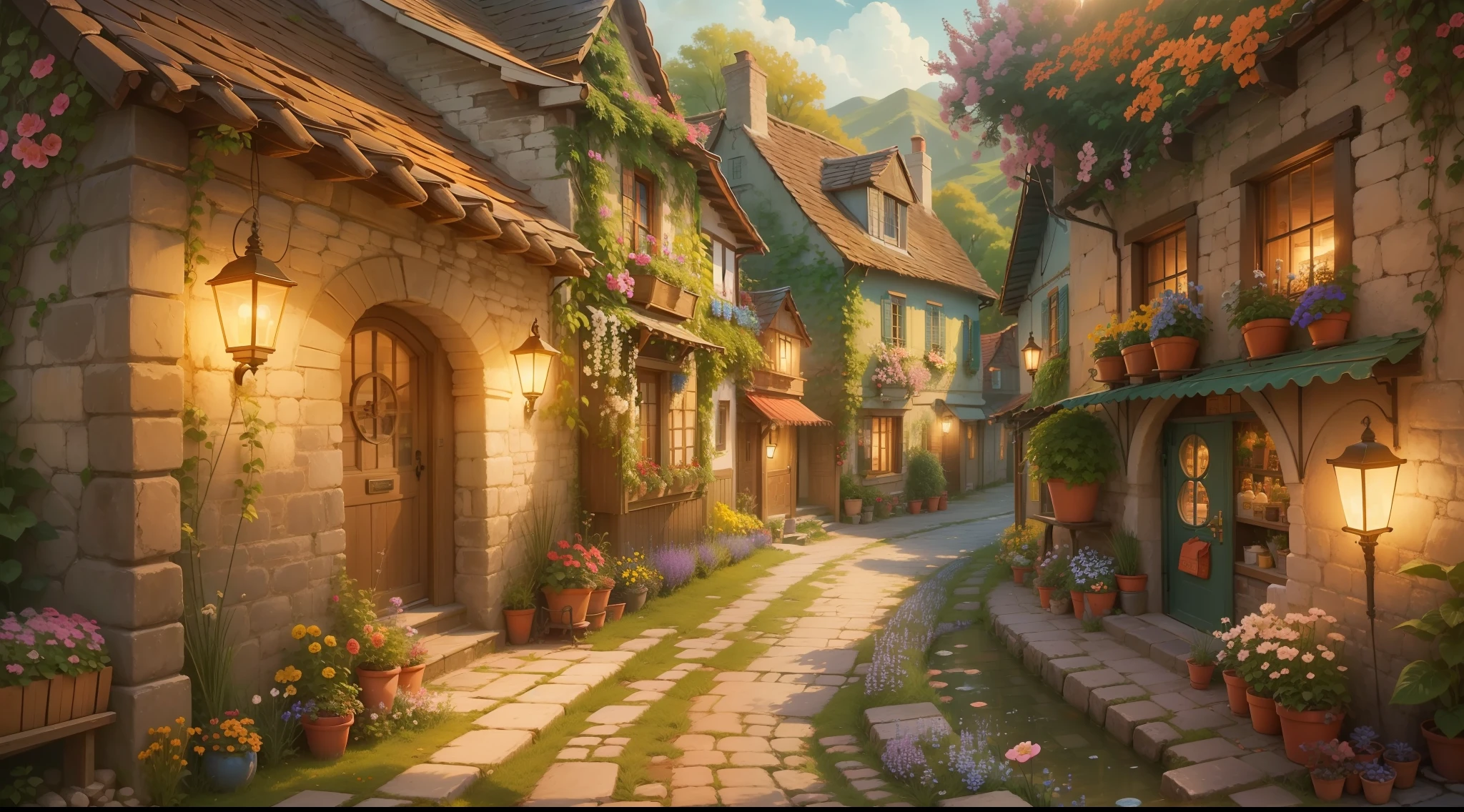 "A serene and picturesque village, where stories unfold. A peaceful and enchanting atmosphere, with vintage charm. Quaint cottages, cobblestone streets, and blooming flowers. (Include elements like: villagers, daily activities, traditional customs, festivals). Immersive colors and soft lighting bring warmth and nostalgia. Capture the essence of community and the joy of simple pleasures. Transport us to a world of tranquility and delightful tales."