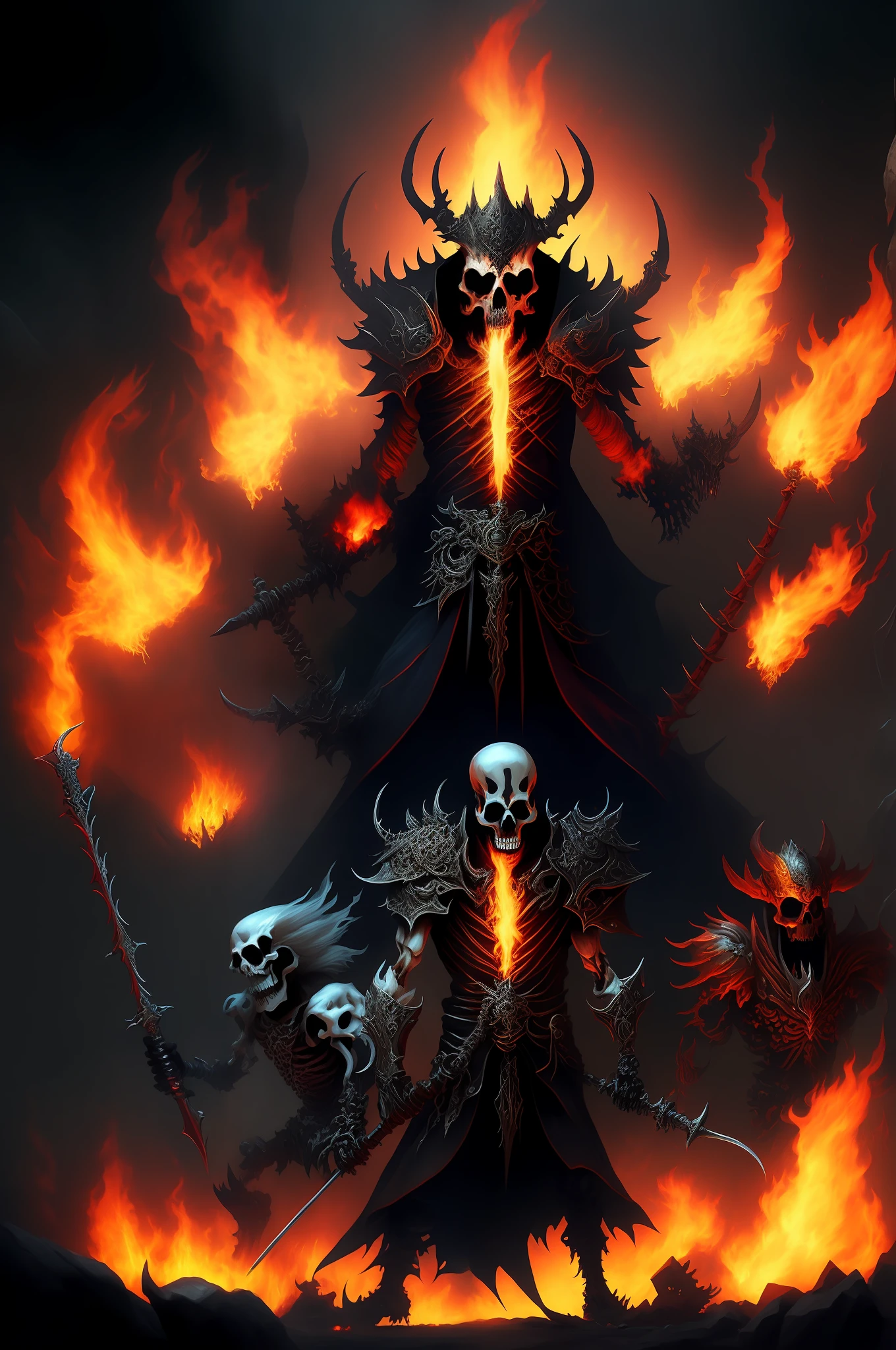 Flames emerge from demon skeletons and skeletons with swords, epic fantasy artwork, dark fantasy artwork, Detailed digital 2D fantasy art, dark fantasy style art, epic fantasy illustration, Diablo digital concept art, background artwork, dark fantasy art, wrath flame and ruin, Epic fantasy digital art style, Epic fantasy style art, Epic fantasy art, 4K fantasy art