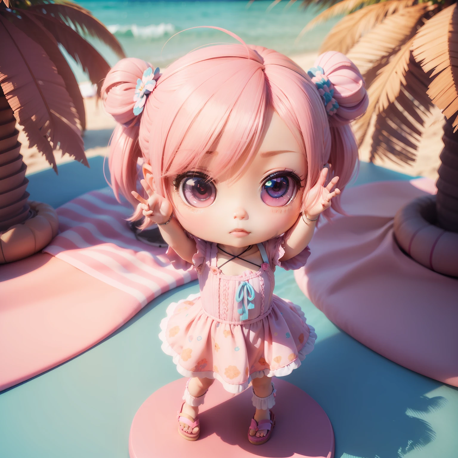 (((chibi3d)))cute and beautiful chibi anime/Bob hairstyle mixed pink and blue,Sundress with strawberry pattern print,Knitted sandals,summer beach,Palm trees.Bring your hands close to your face「hello」and shouting。