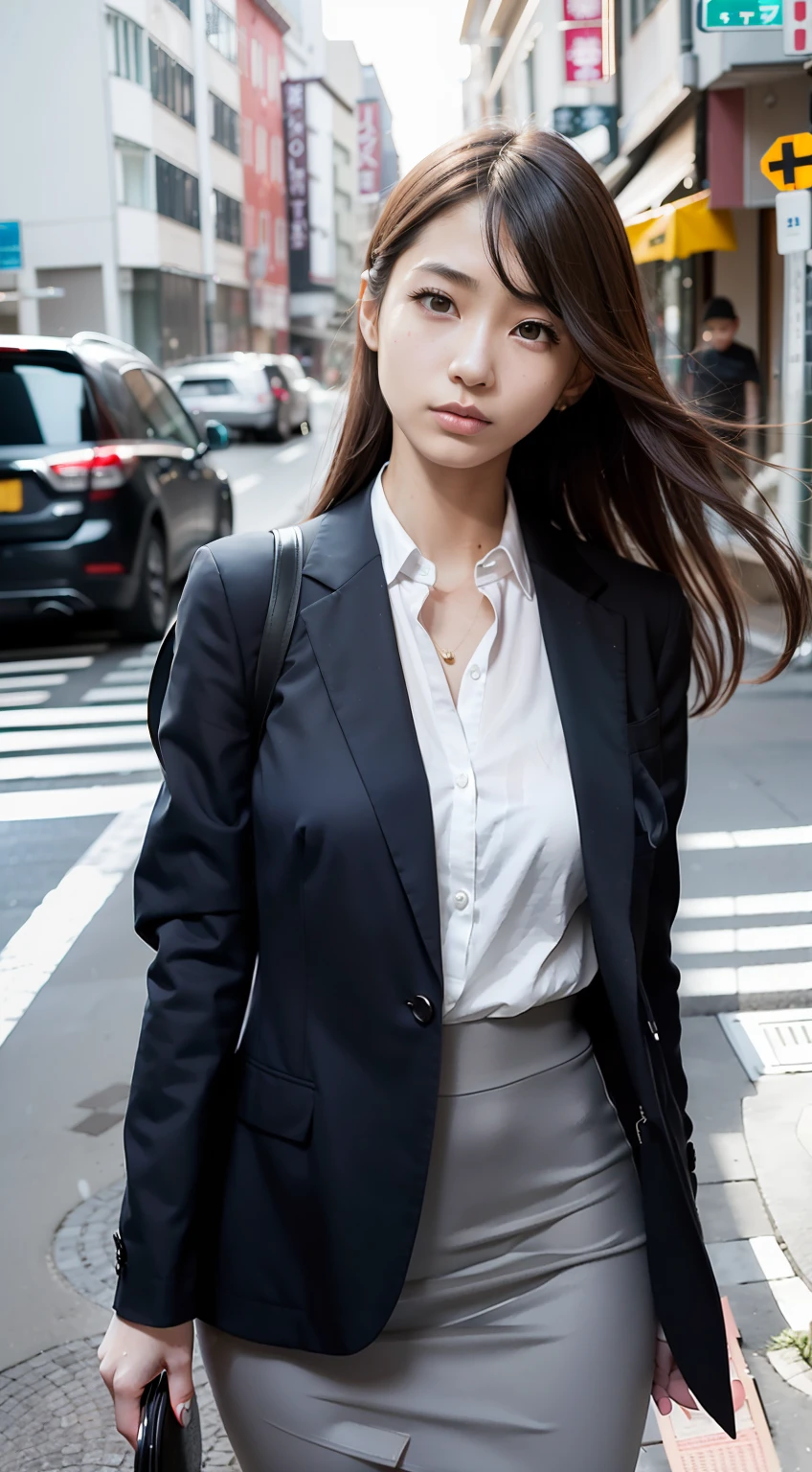 1 female,18yr old,(Numerical portrait:Mayu Yokota, Yuko Araki),黑The eye,Beautiful face,(Face with a thin skeleton+s delicate face),hyperdetailed face,(Delicate Japanese makeup), Black colored eyes,Long hair micro-curls,(Messy and layered, By bangs), ssmile,looks into camera,Fair smooth skin,(Best Skin Type:1.21),(鎖骨:1.2),Slim fit suit for ladies,Short white shirt with V-neck,(The V-neck is deeper,Tight chest),Shorter hip-wrapping skirts,(Realistic close-up photos of women,Fantasyart),Thin waist Long legs,(Slim figure),the street,((Hasselblad photograp)),Surreal photography, physically-based renderingt,profesional lighting,exquisite detailing,详细的脸,The picture is pure,perfect hand,Perfect posture,Ultra-fine makeup,Ultra-fine clothing material