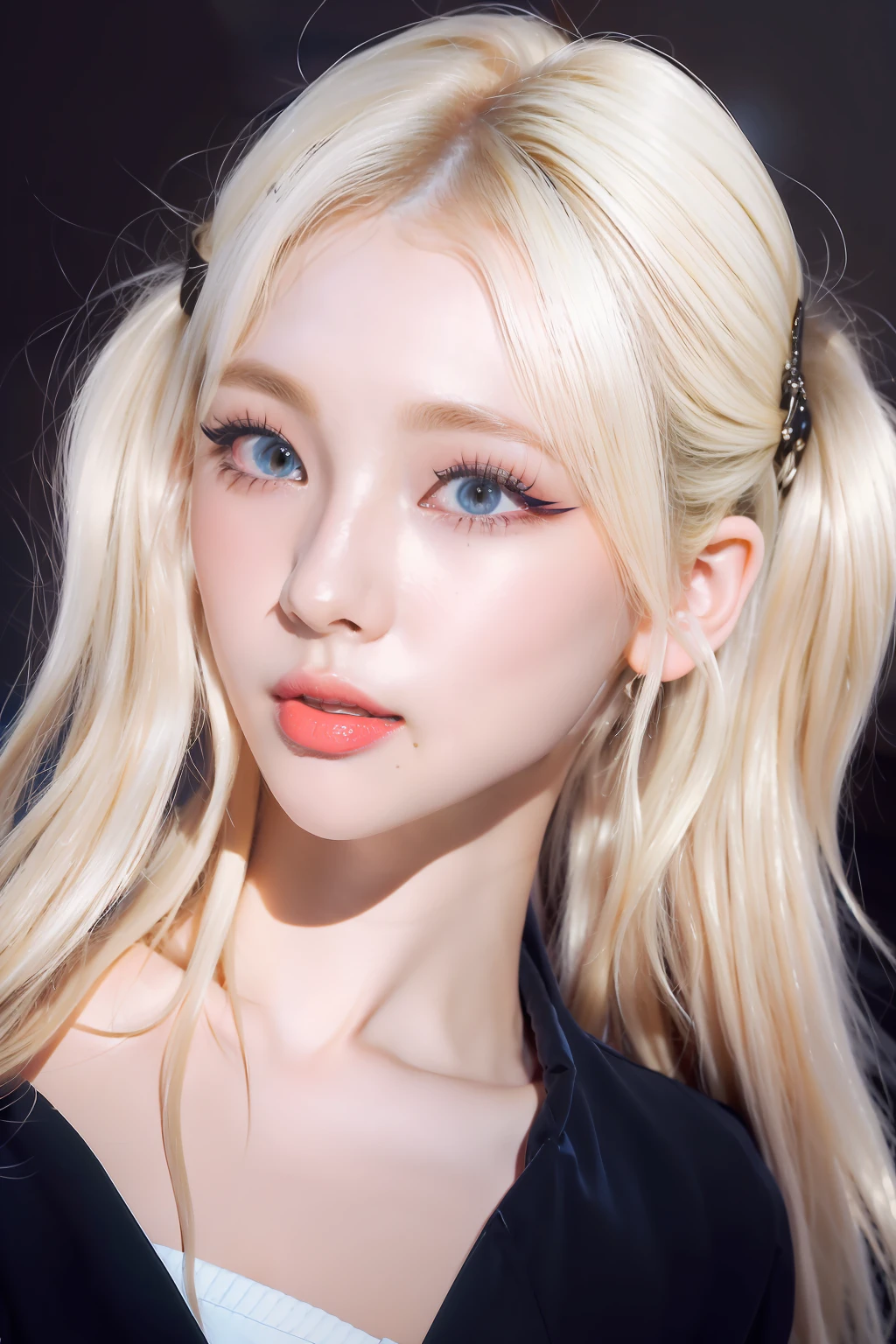 (8k, 4k, best quality, highres, ultra high res:1.1), (masterpiece, realistic, photo-realistic:1.1), 1girl,  face, close-up, twintails, blonde hair, black eyes, red lips,  (looking at viewer:2), absurdly long hair, long eyelashes, eyeshadow,  small face, big eyes,
bare shoulders,
high contrast,