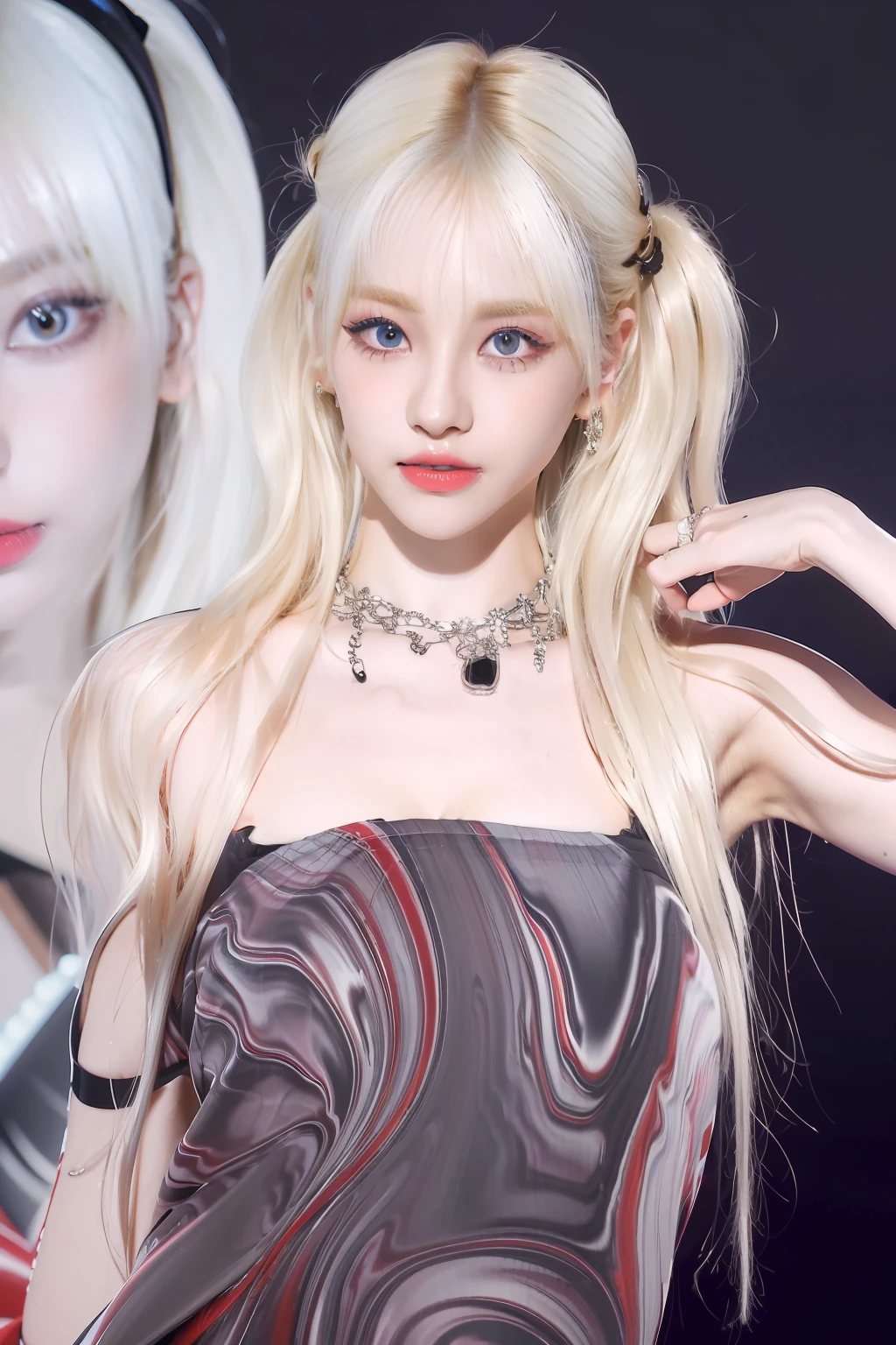 (8k, 4k, best quality, highres, ultra high res:1.1), (masterpiece, realistic, photo-realistic:1.1), 1girl, face, close-up, twintails, blonde hair, black eyes, red lips, (looking at viewer:2), absurdly long hair, long eyelashes, eyeshadow, small face, big eyes,
bare shoulders,
high contrast,