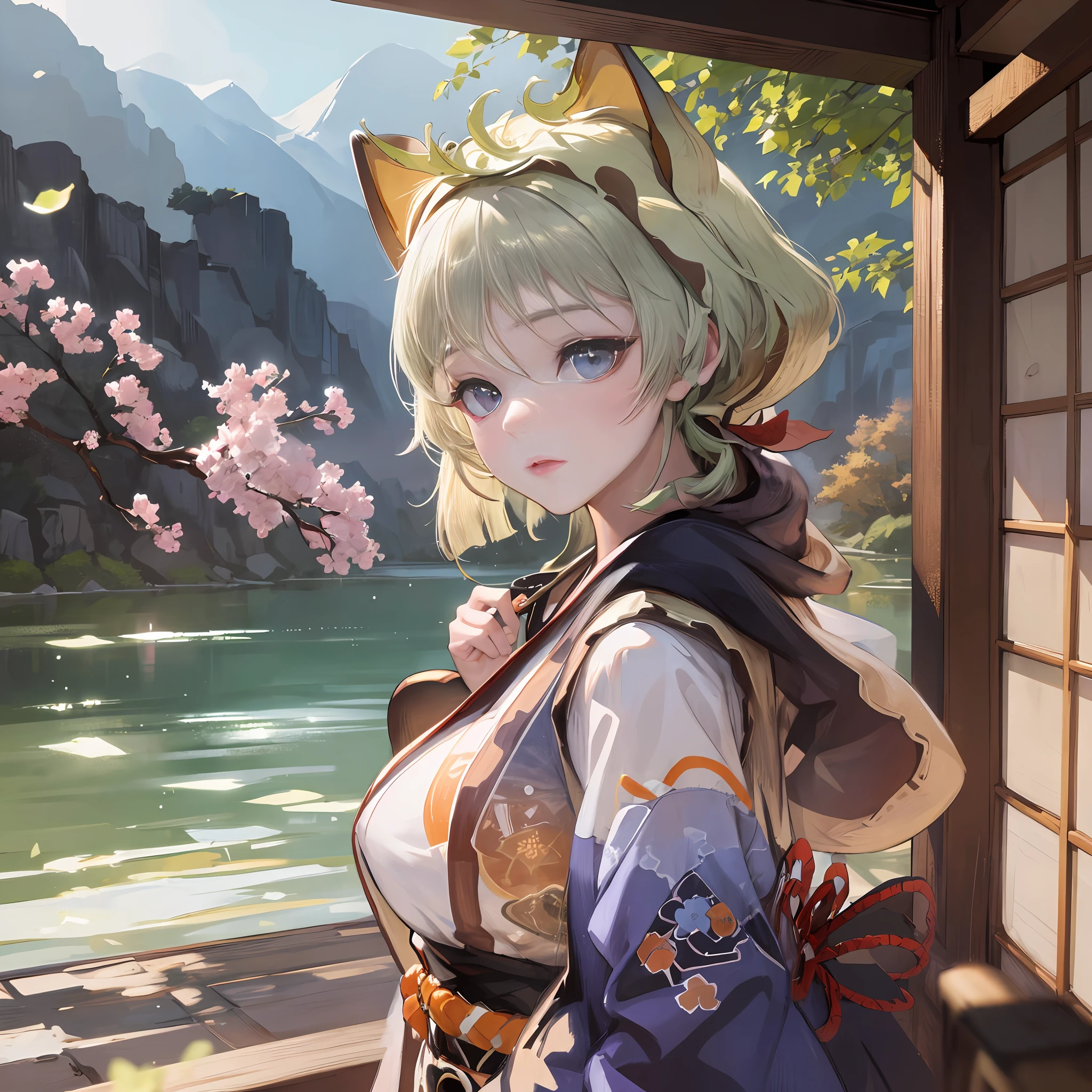 (NSTDA.:1.2), (10, beste-Qualit, master-piece: 1.4), ultra-high resolution, (lifelike, photorealistic portrait: 1.48), 25 years old, Cute Girl, Famous Japanese actors, gigantic breasts, Blue Eyes, Head tilt, cowboy shot, from the front,My favorite cat ears, looking at the audience, expressionless, Beautiful lake, Zeiss 150mm F/ 2.8 Hasselblad, In Japanese shrines, Whole body, foot, Ultra-Wide Angle