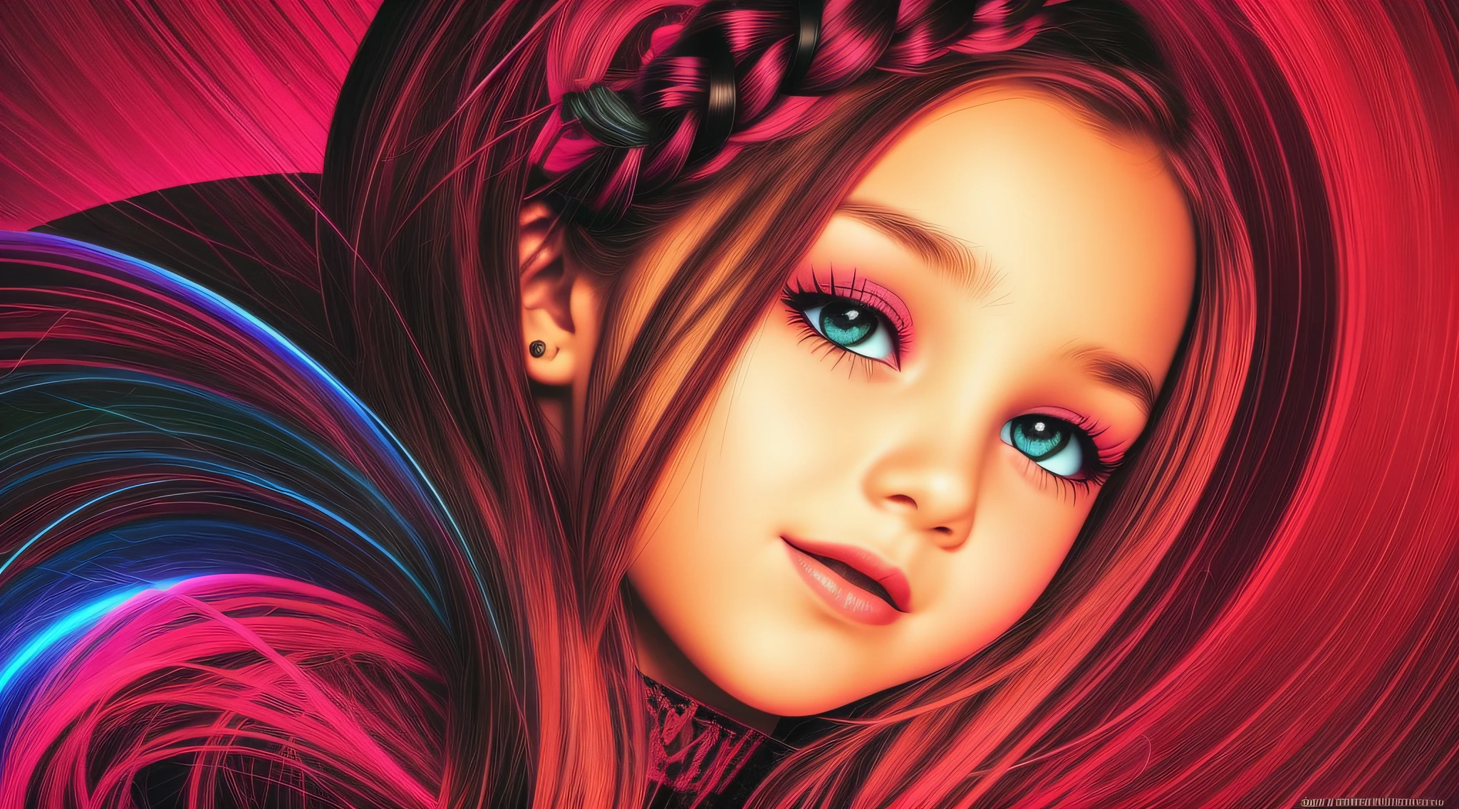 Girl child , Russian ruivas in braids, com roupa de jaqueta de couro vermelha, Estilo retrato, fundo preto e vermelho, uma bola de disco prateada com um reflexo de espelho sobre ela, bola de discoteca, bola de discoteca no fundo, prata brilhante.