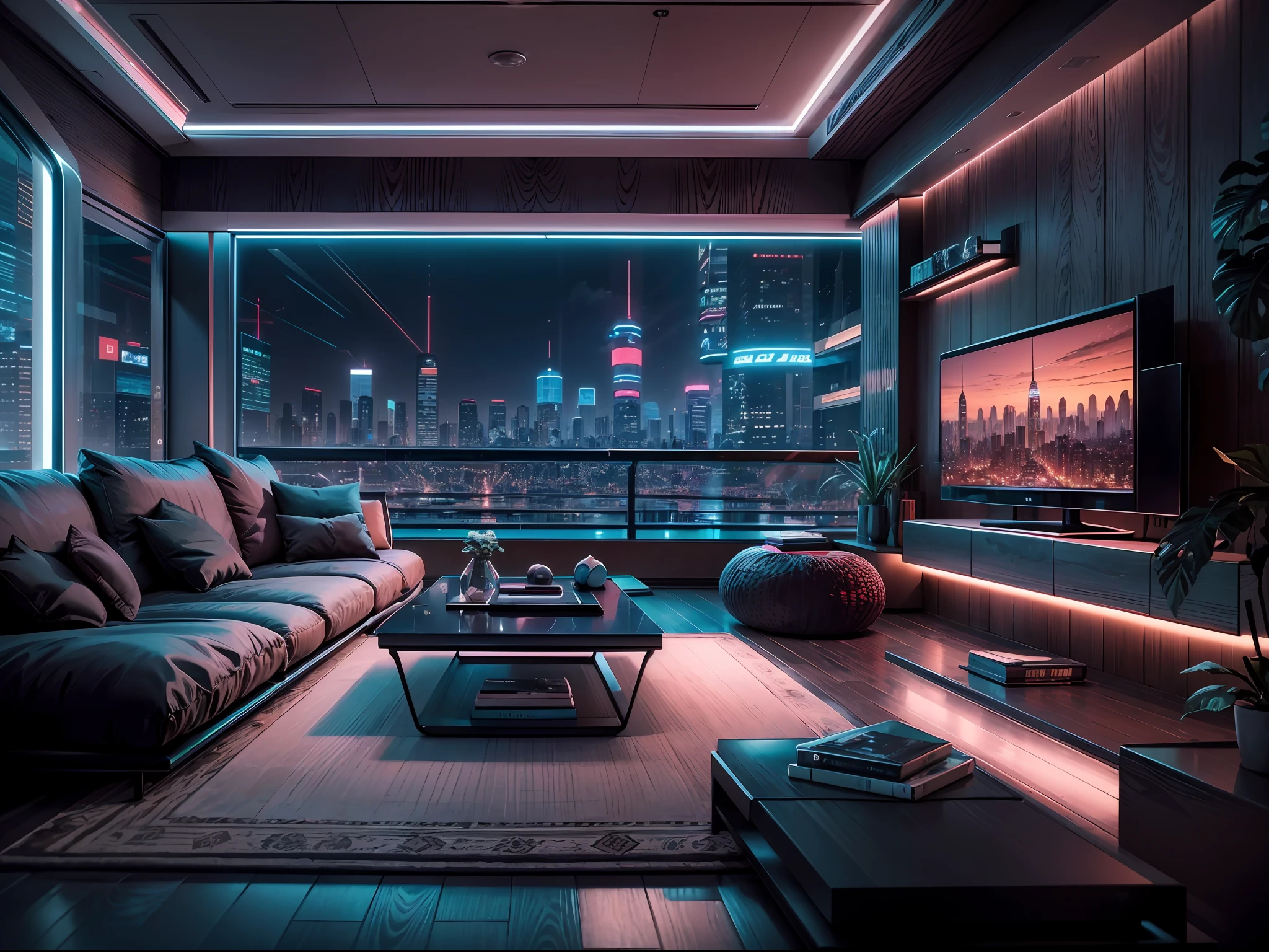 "A futuristic and sleek modern living room in japanese style with a stylishly designed TV, comfortable couch, and a sleek desk. The room features floor-to-ceiling windows that offer stunning views of a bustling cityscape at night, creating a mesmerizing cyberpunk atmosphere."