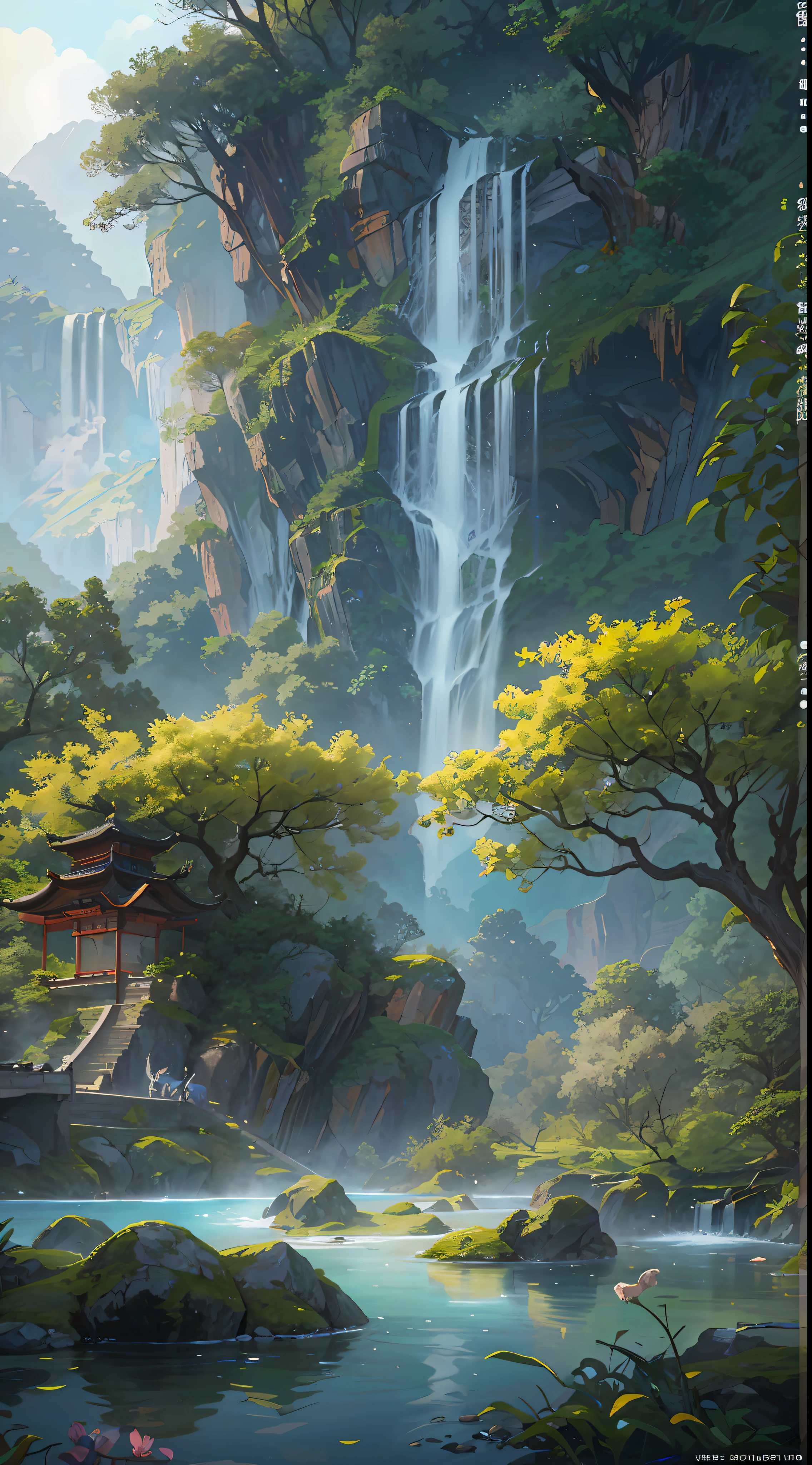 Chinese ancient times, spring, jungle, lake, cave, waterfall, tree, meadow, rock, deer, hot spring, water vapor, (illustration: 1.0), epic composition, realistic lighting, HD details, masterpiece, best quality, (very detailed CG unified 8k wallpaper)