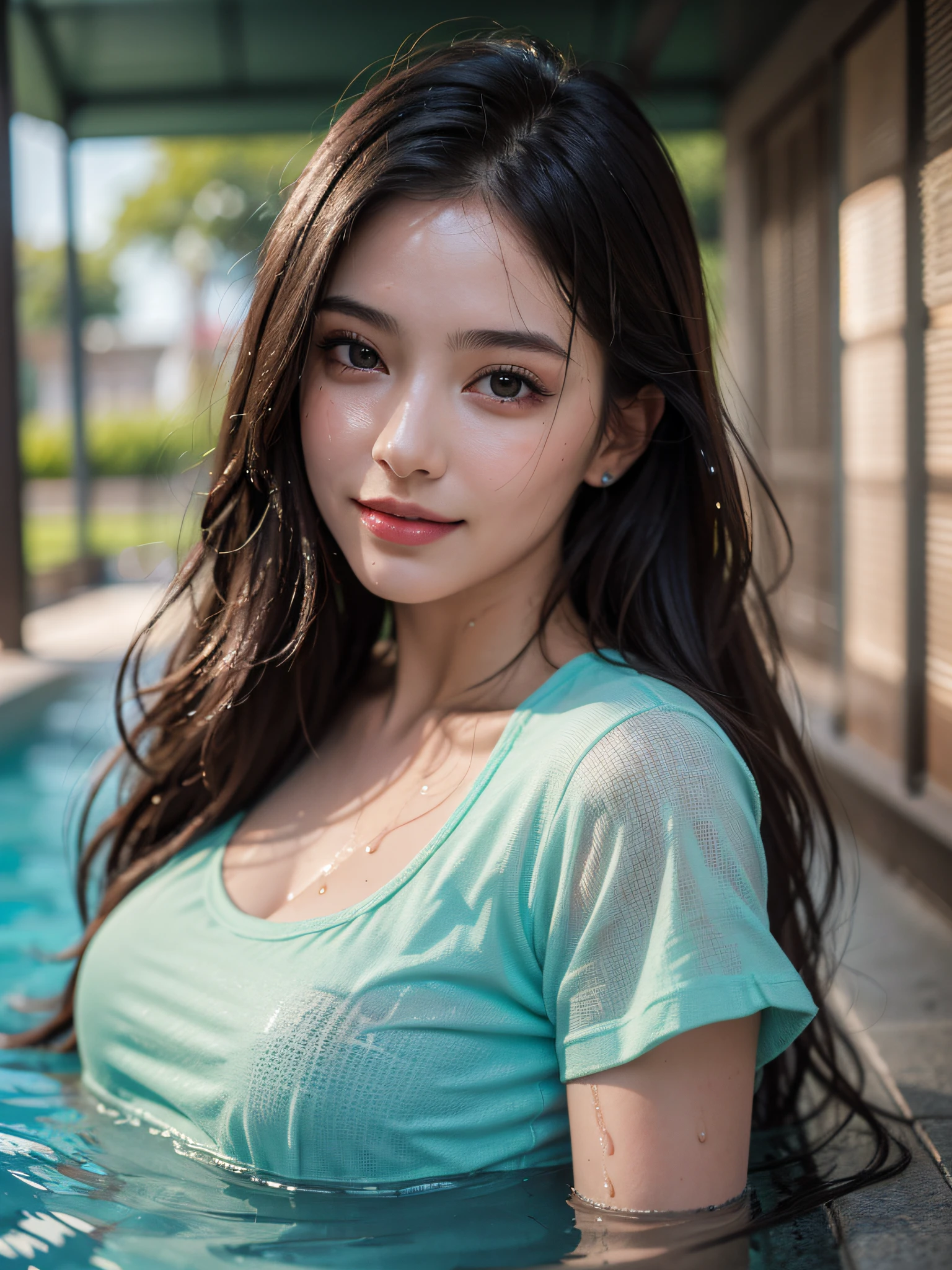 (best quality, masterpiece, ultra high res, raw:1.2) ,(photorealistic:1.4), (wet),Beautiful woman, standing, poolside, T-shirt, ultra-detailed face, detailed eyes, highly detailed lips, light smile
