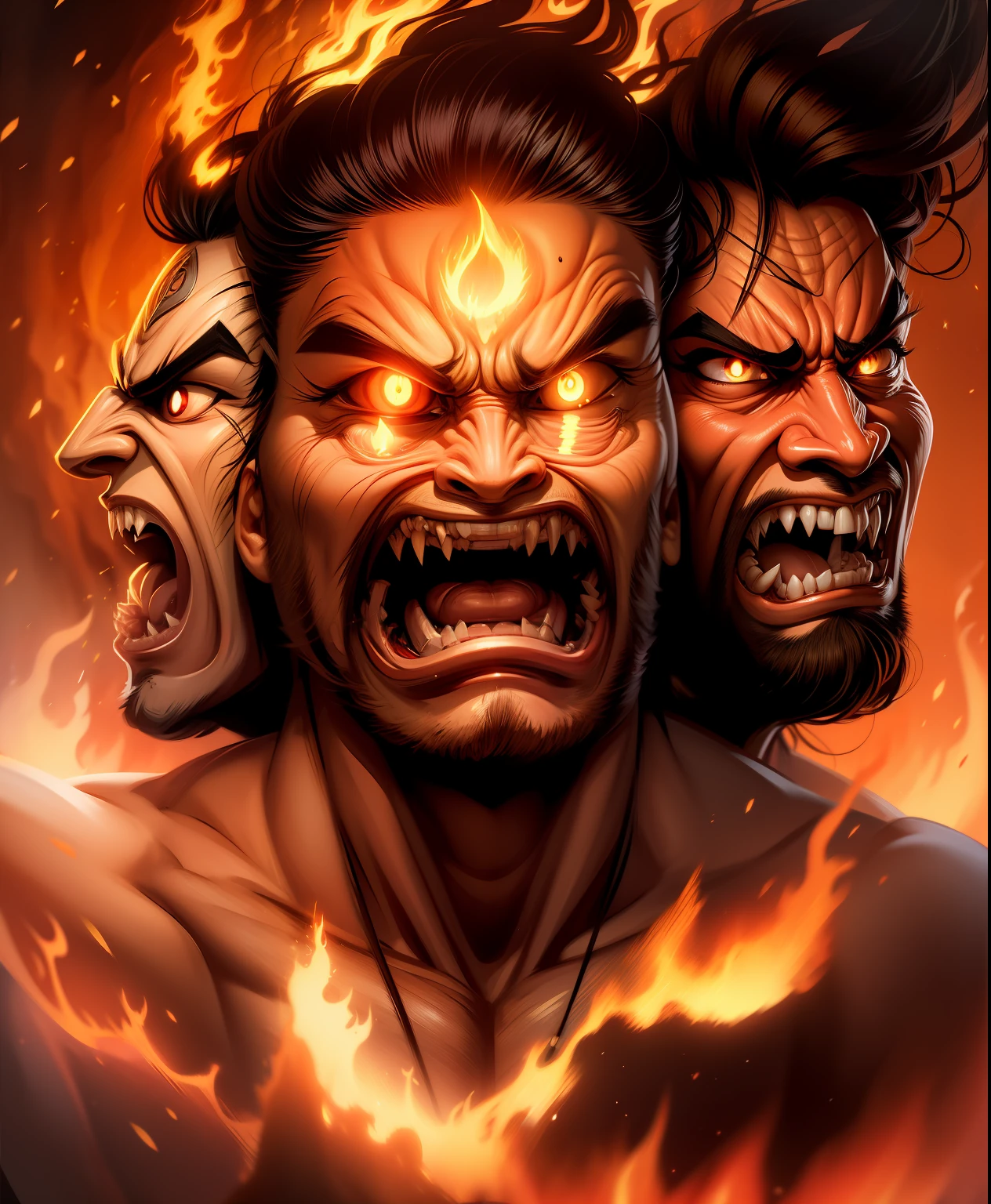 Angry three-headed man，Double eyes，buck teeth，Hair stands on end，Fire，